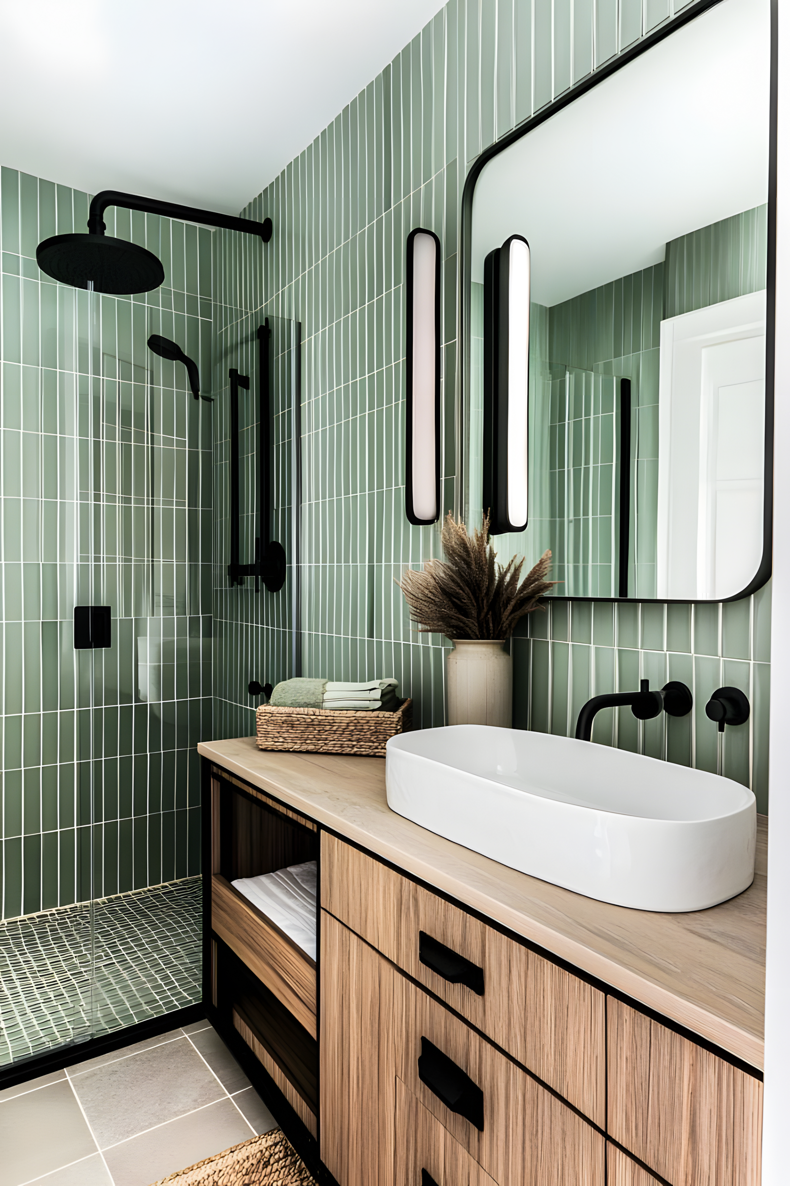 Modern Bathroom with Green Subway Tiles and Black Accents | Material Depot