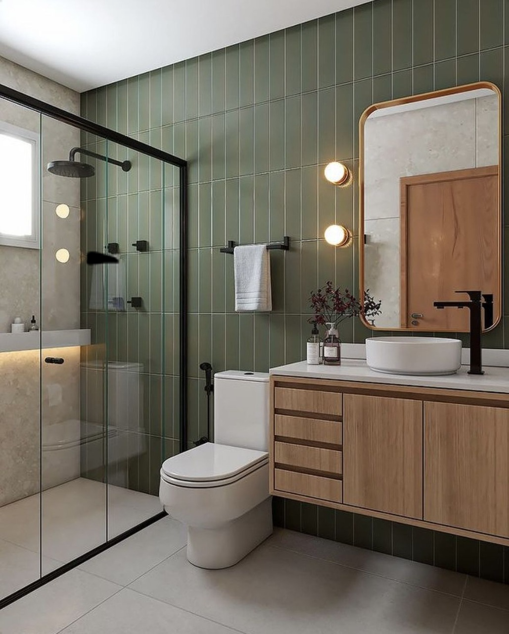 Modern Bathroom with Green Subway Tiles and Natural Elements | Material Depot