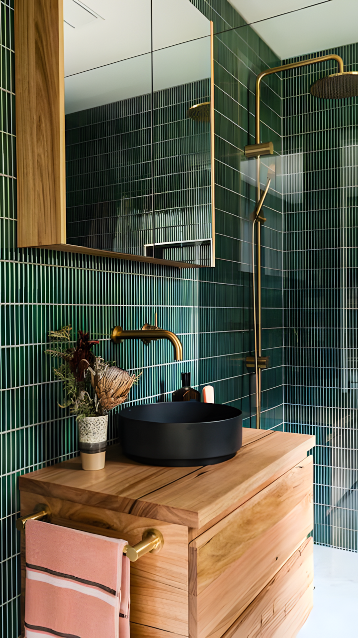 Modern Bathroom with Green Subway Tiles and Wooden Vanity | Material Depot