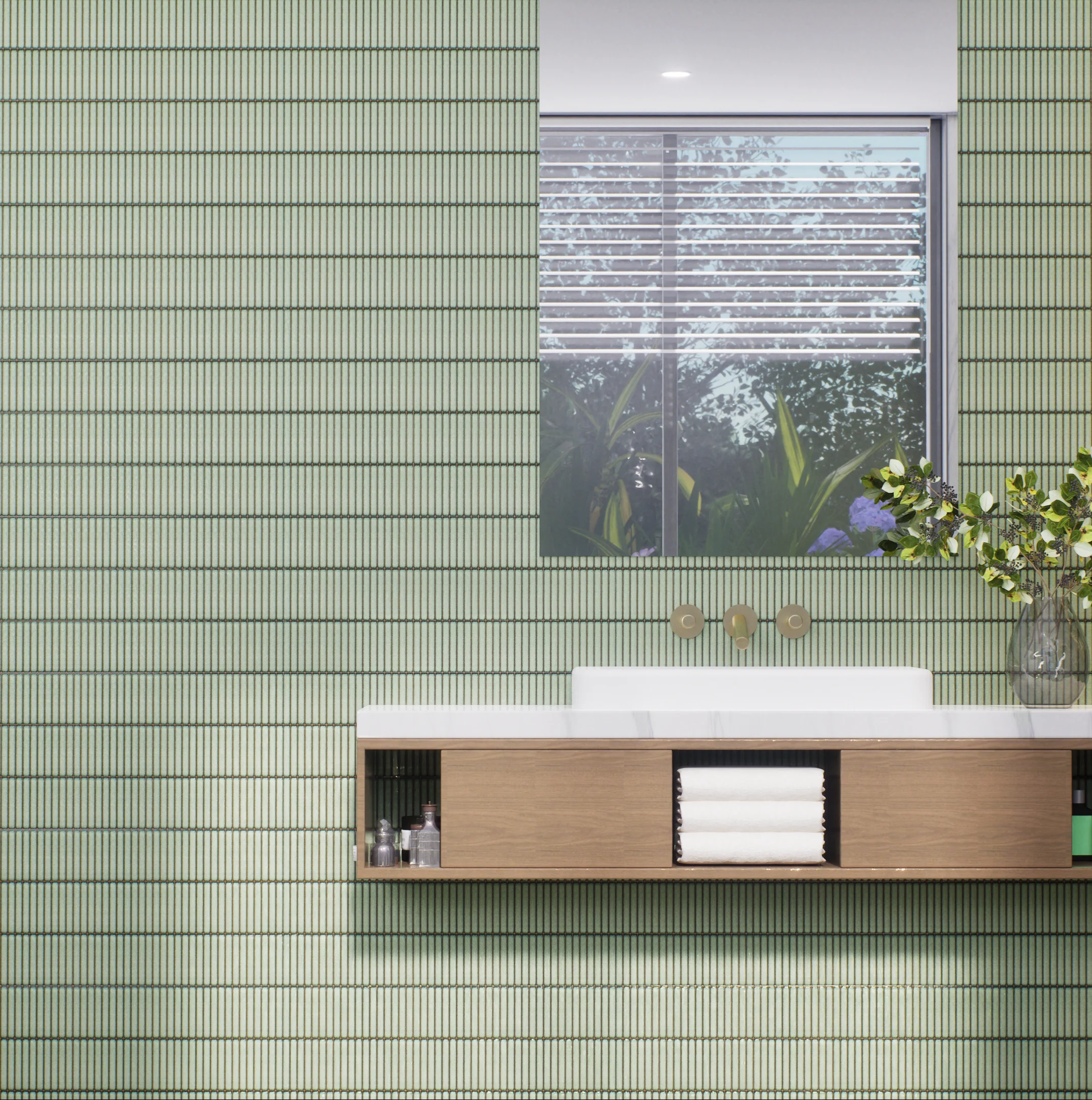 Modern Bathroom with Green Textured Tiles and Floating Vanity | Material Depot