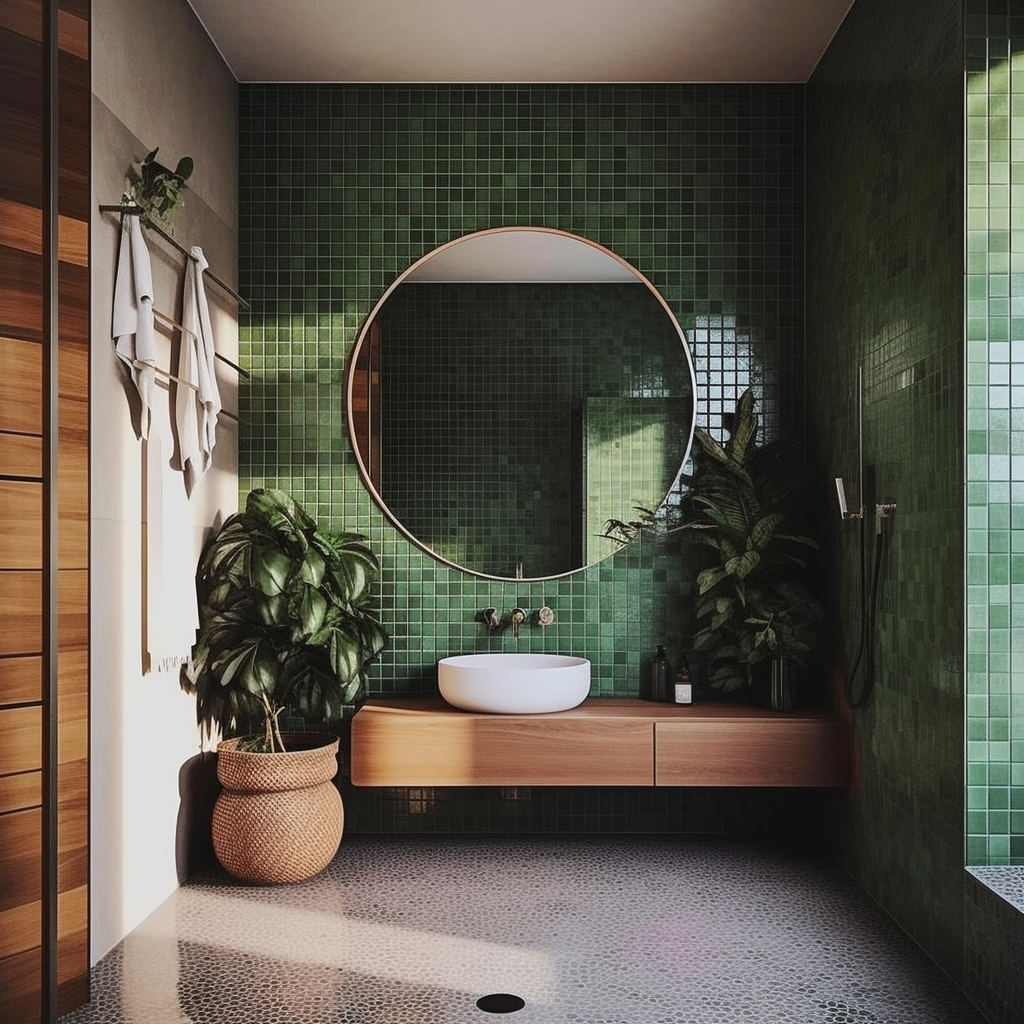 Modern Bathroom with Green Tile Accent Wall | Material Depot