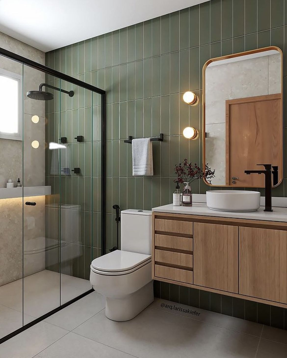 Modern Bathroom with Green Tiles and Black Accents | Material Depot