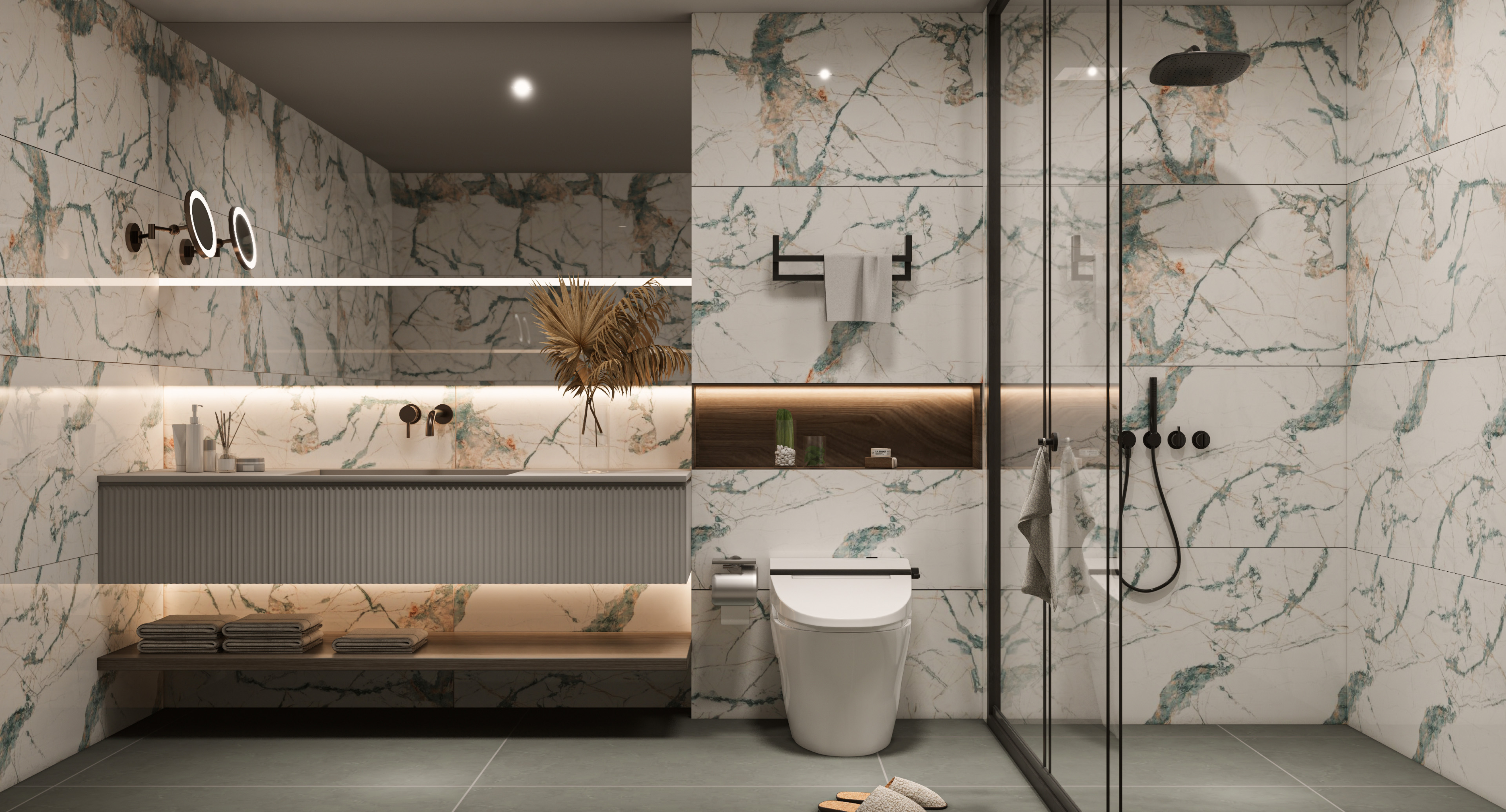 Modern Bathroom with Green Veined Marble Tiles | Material Depot