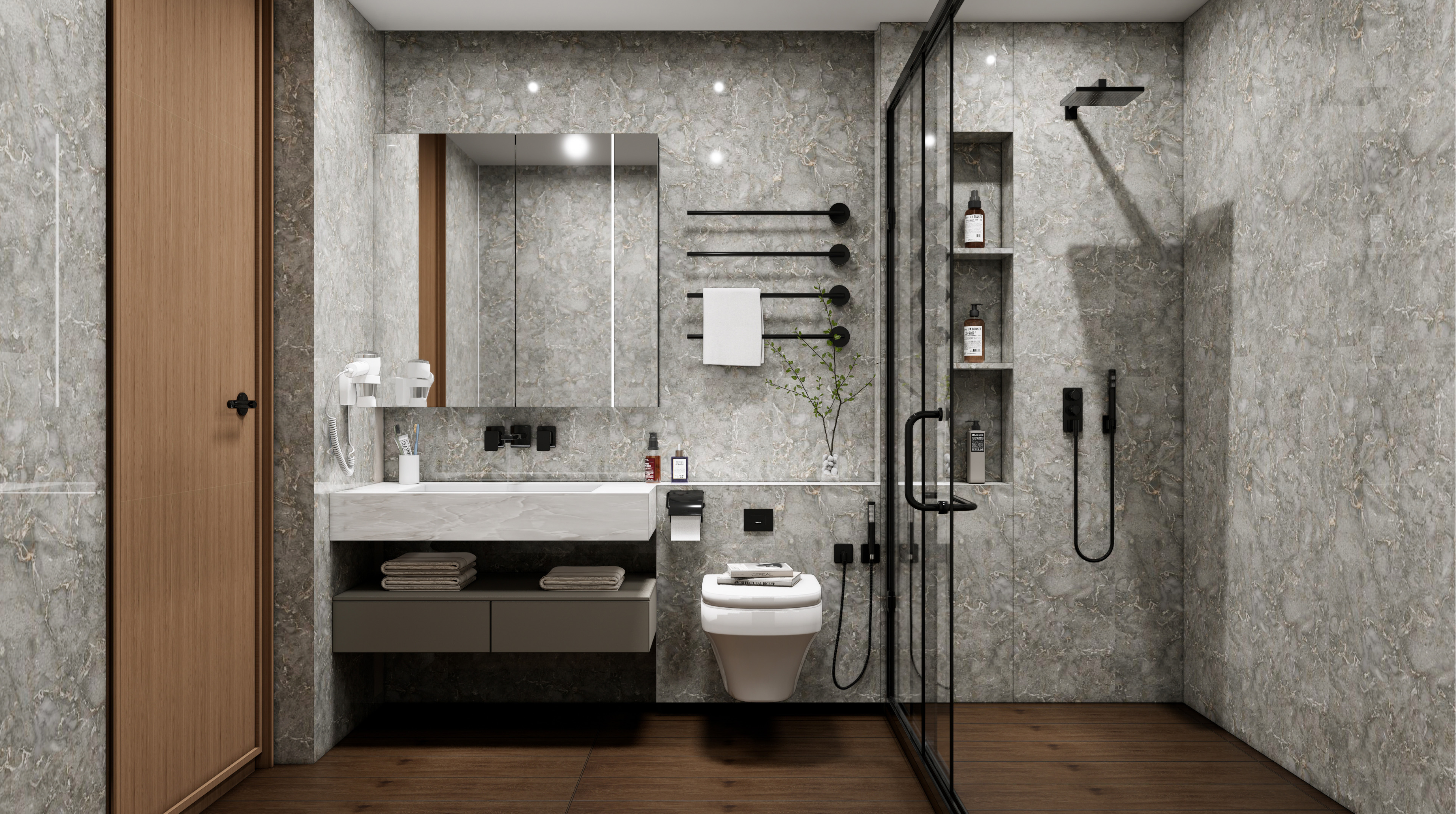 Modern Bathroom with Grey Marble Walls and Warm Wooden Flooring | Material Depot