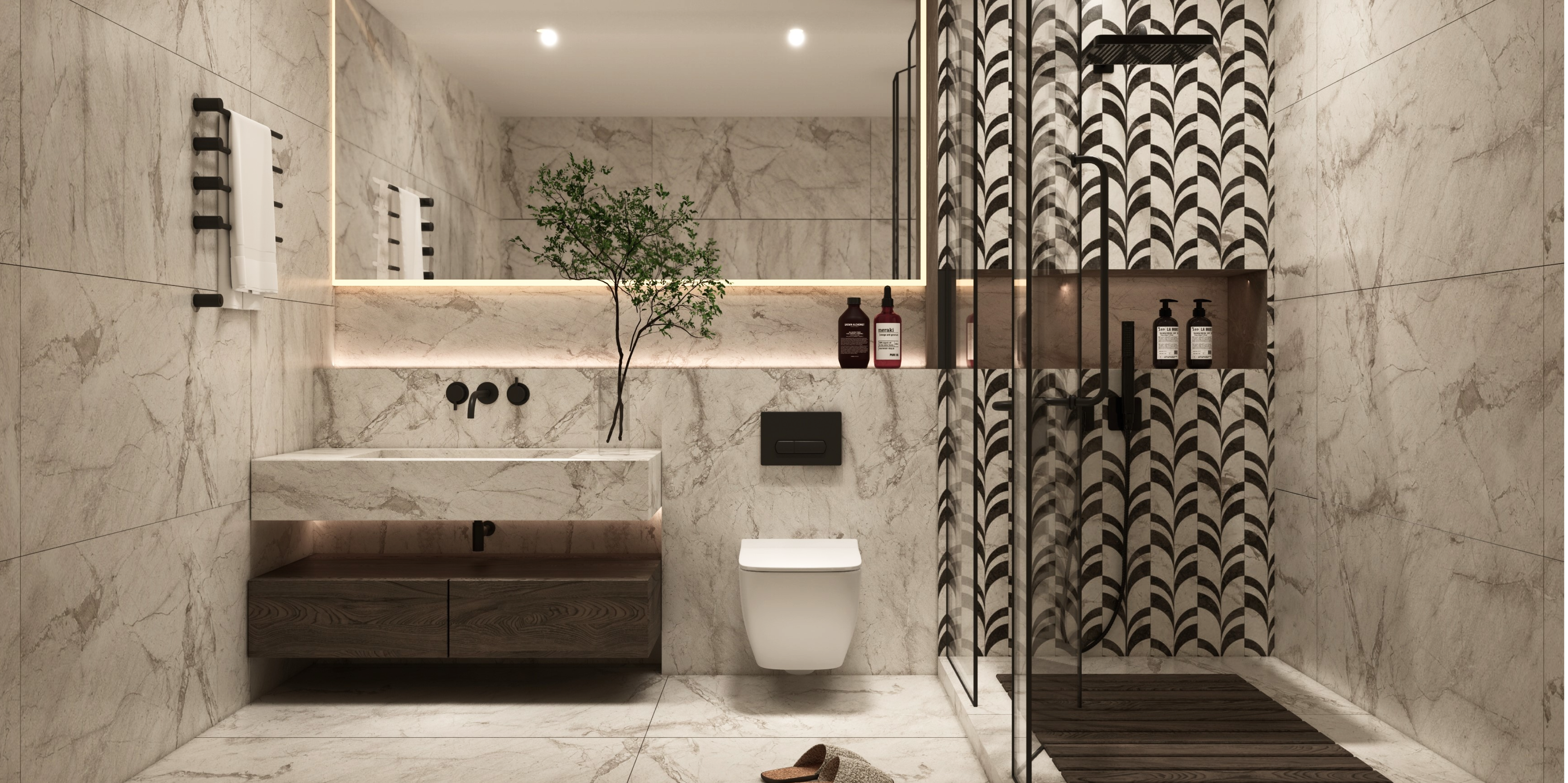 Modern Bathroom with Marble Tiles and Bold Geometric Shower Wall | Material Depot