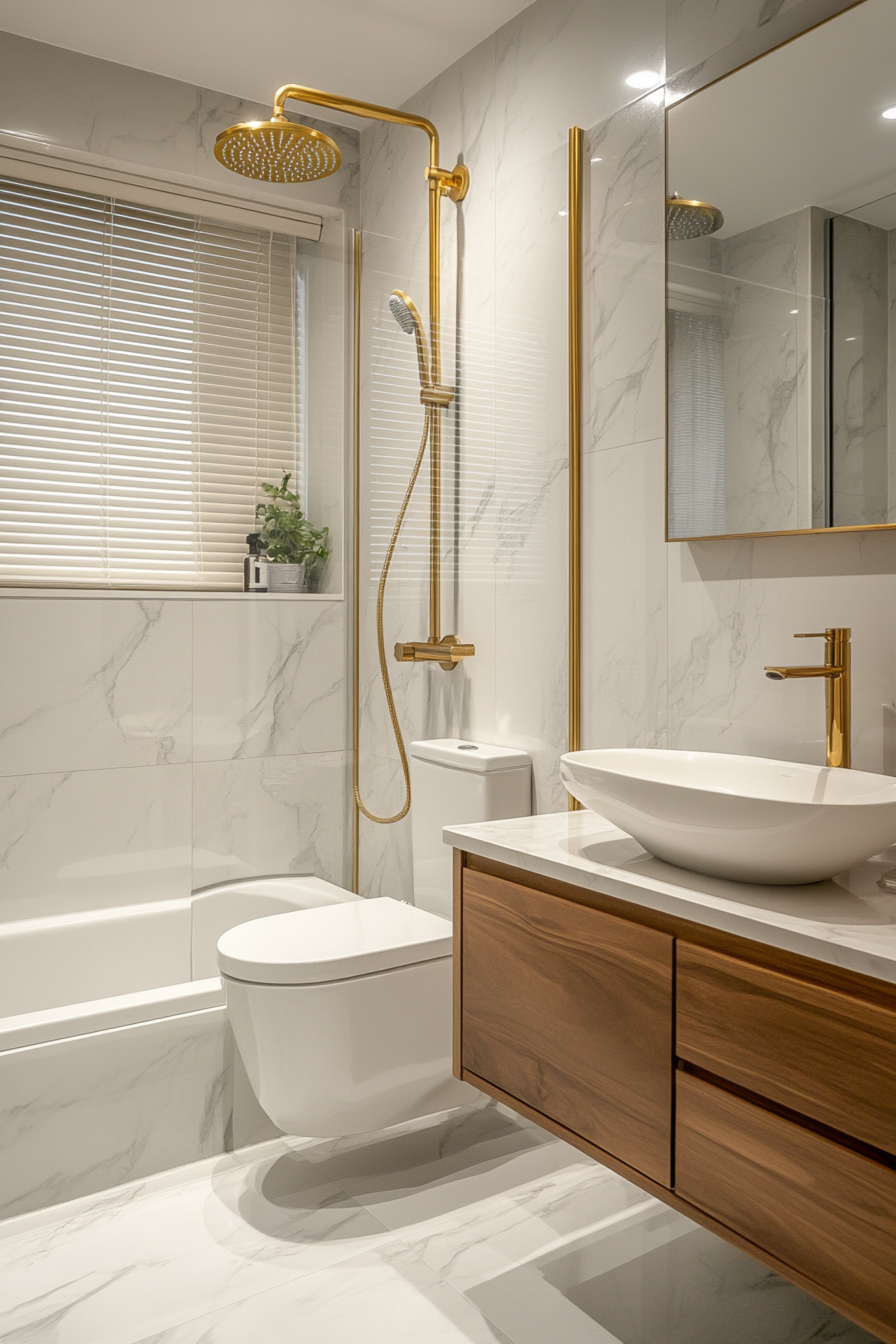 Modern Bathroom with Marble Tiles and Gold Fixtures | Material Depot