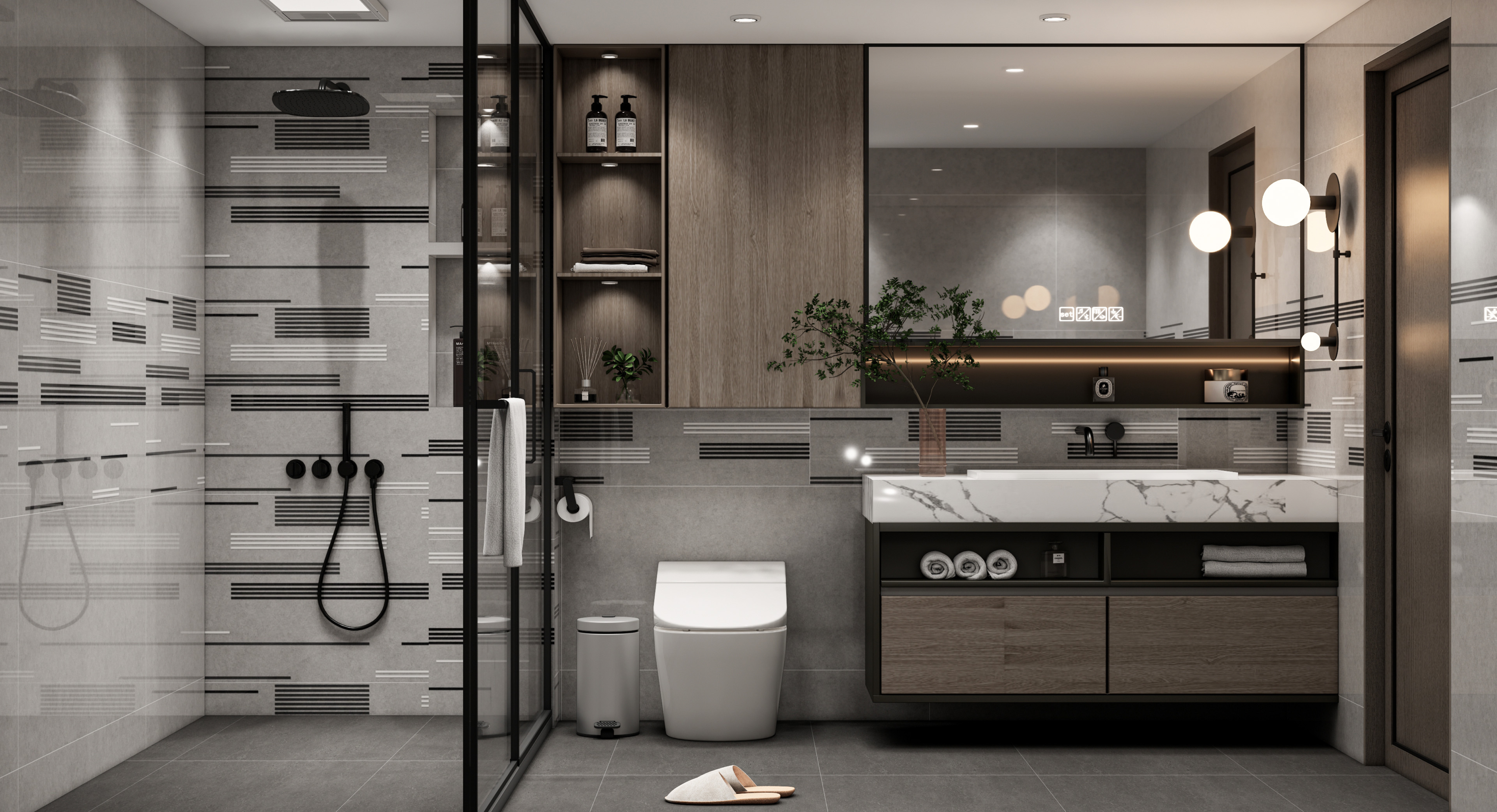 Modern Bathroom with Monochrome Tiles and Wooden Accents | Material Depot