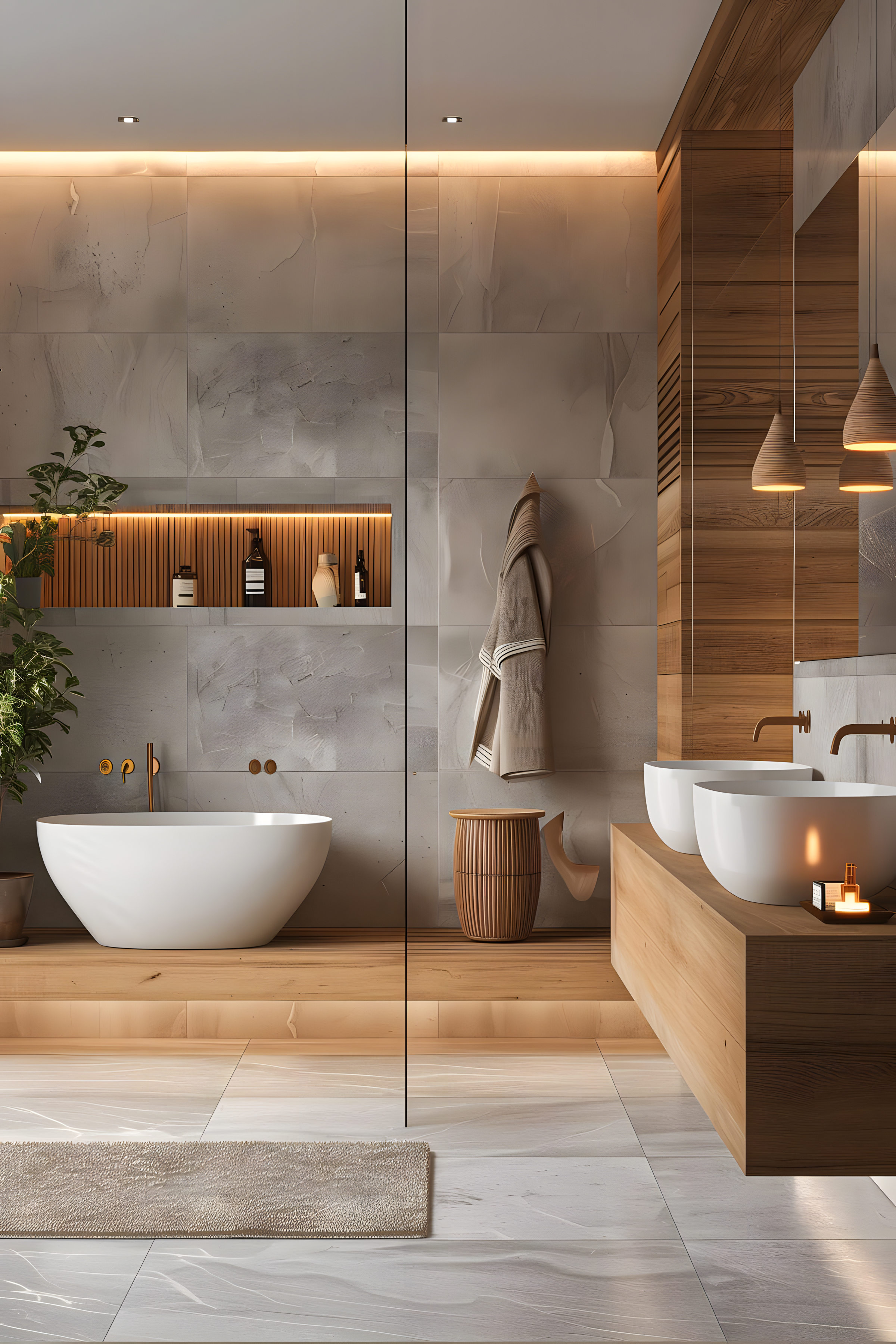 Modern Bathroom with Natural Elements and Warm Wood Tones | Material Depot