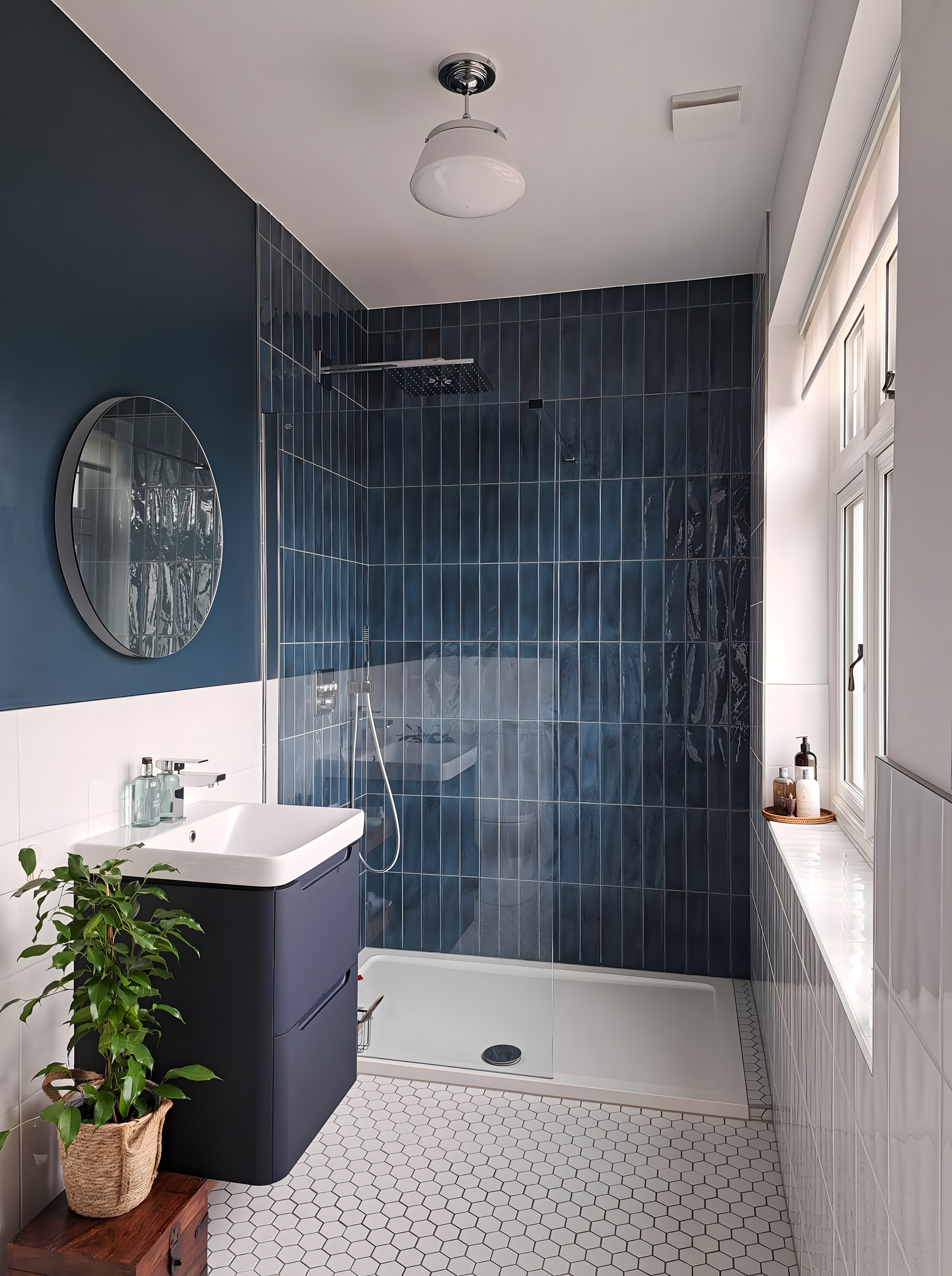 Modern Bathroom with Navy Blue Tiles and White Hexagonal Floor Tiles | Material Depot