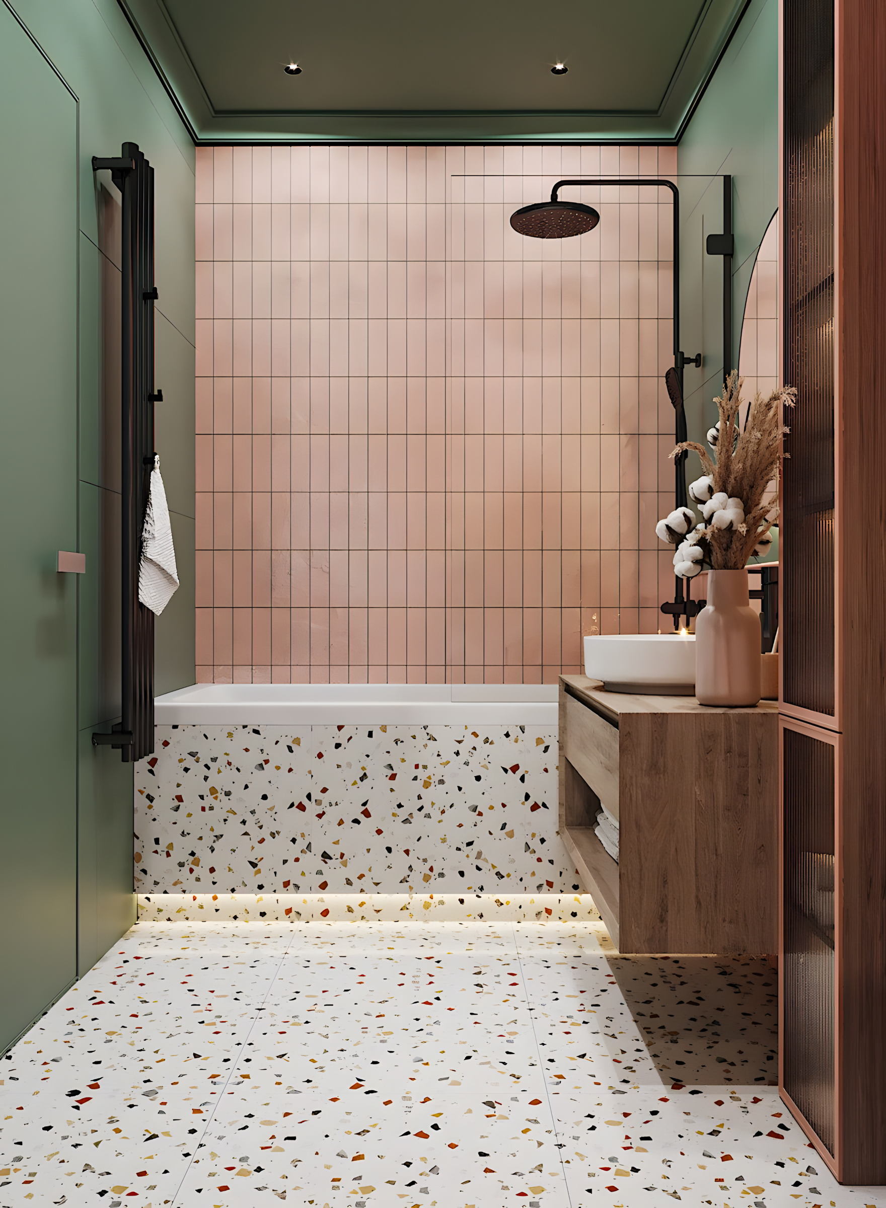 Modern Bathroom with Pink Tiles and Terrazzo Floor | Material Depot