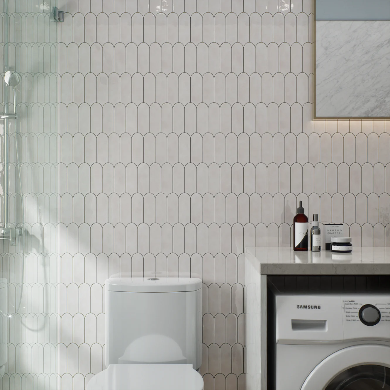 Modern Bathroom with Scalloped Tile and Laundry Area | Material Depot