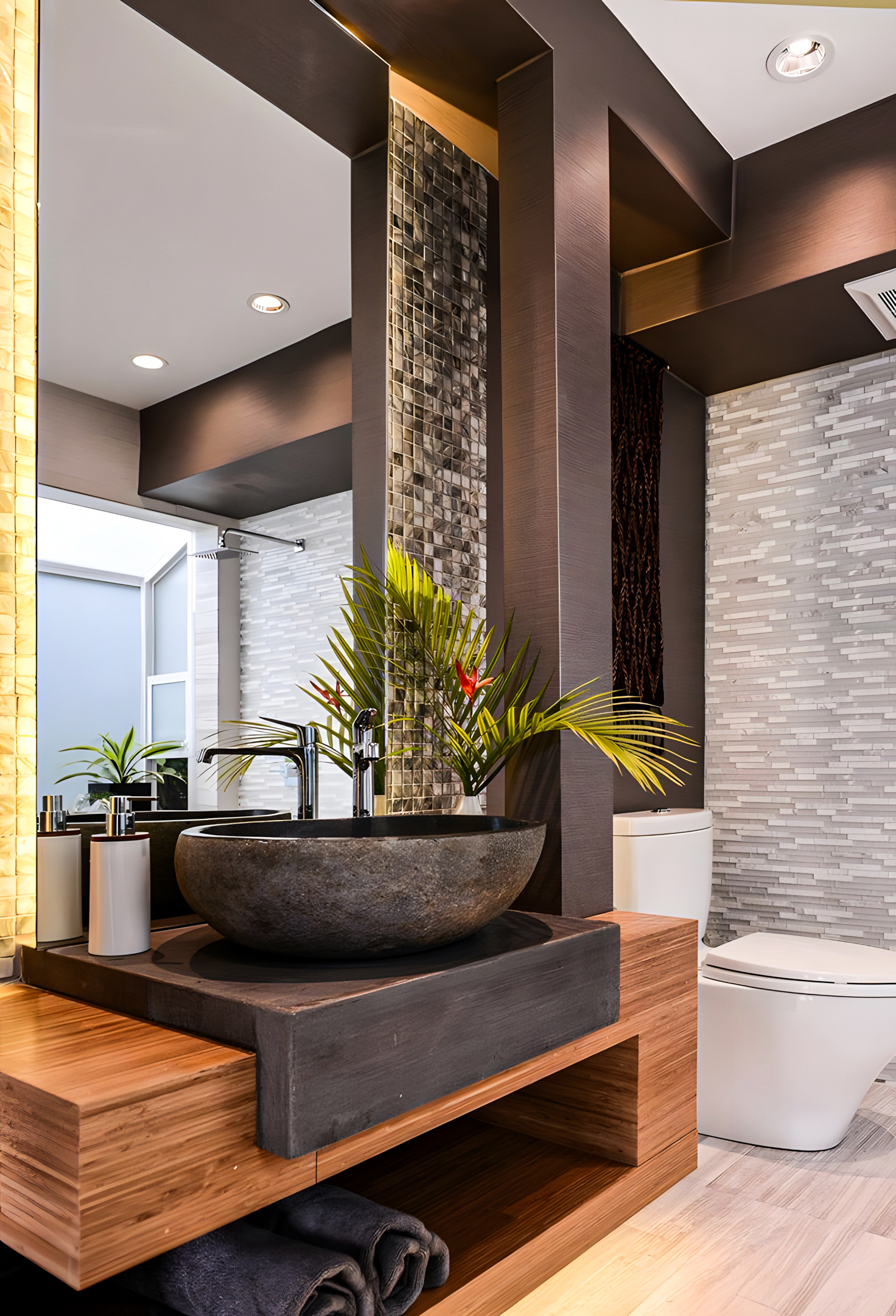 Modern Bathroom with Stone Vessel Sink and Textured Wall Tiles | Material Depot