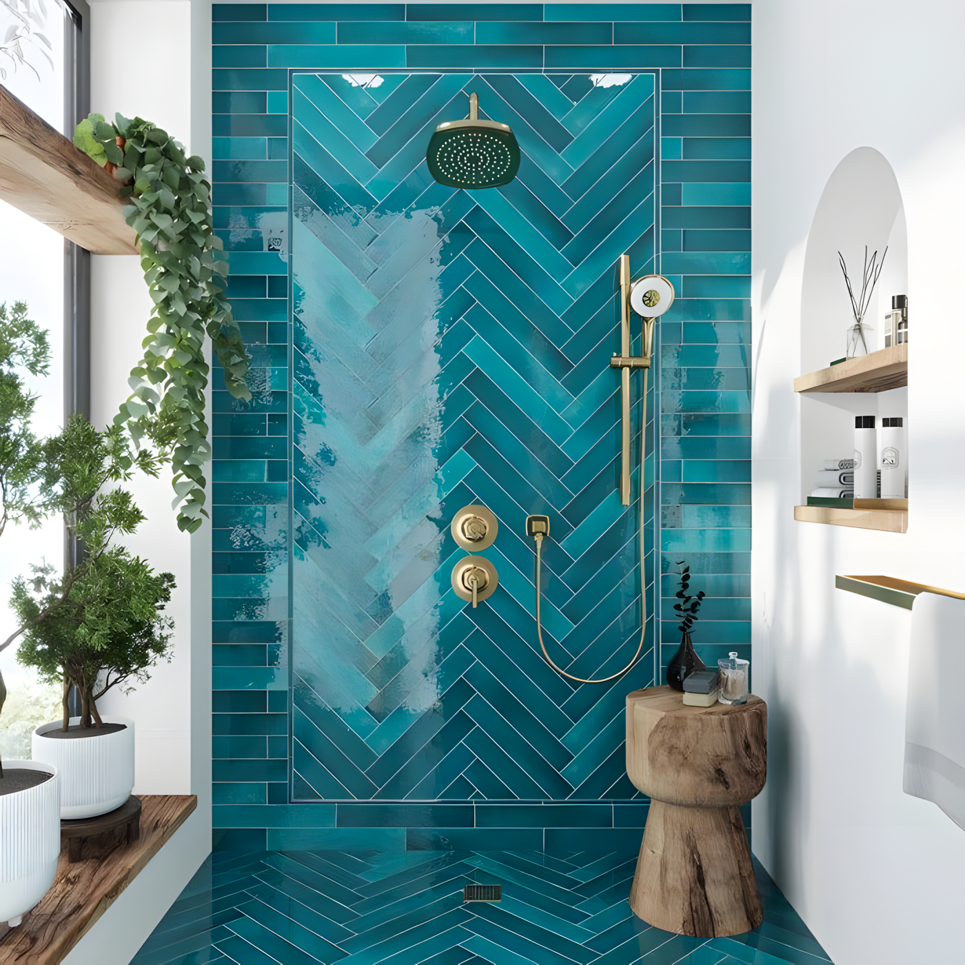 Modern Bathroom with Teal Herringbone Tiles | Material Depot