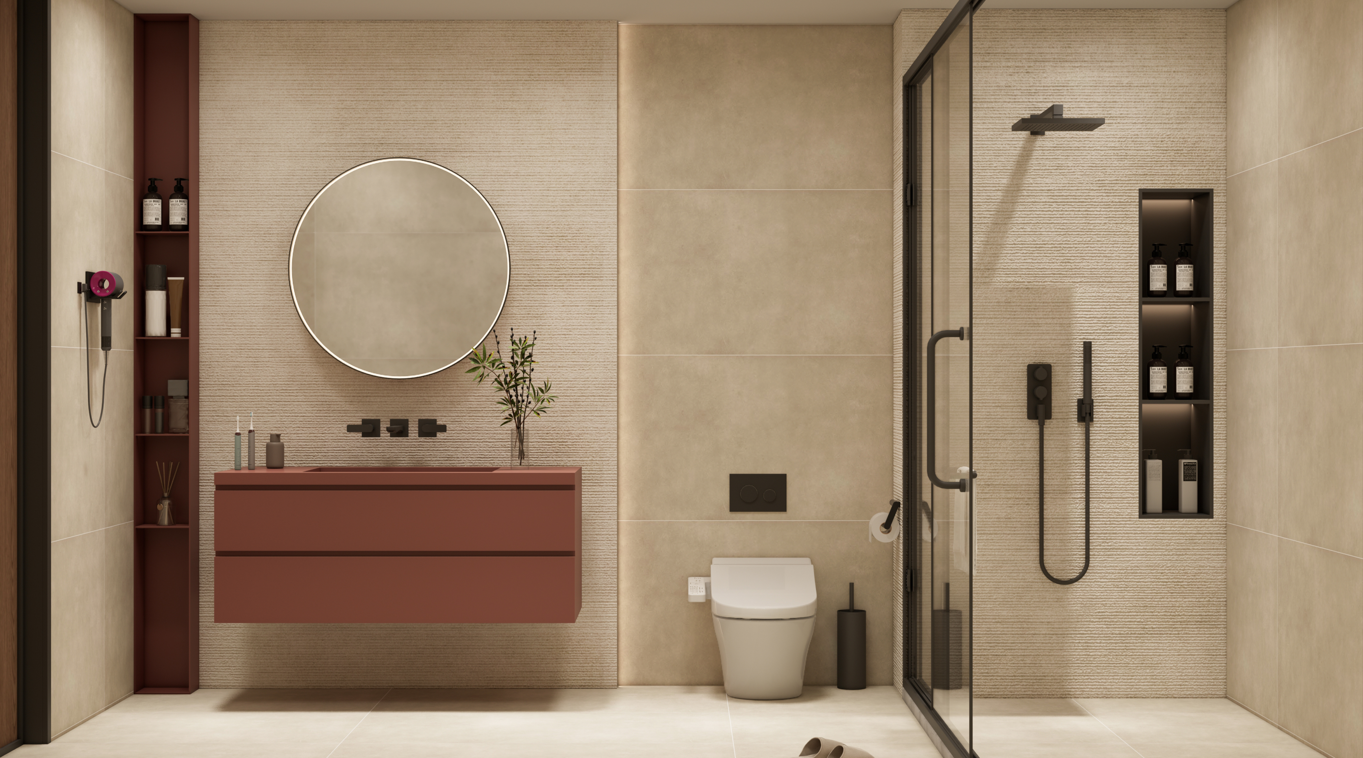 Modern Bathroom with Terracotta Vanity and Beige Textured Walls | Material Depot