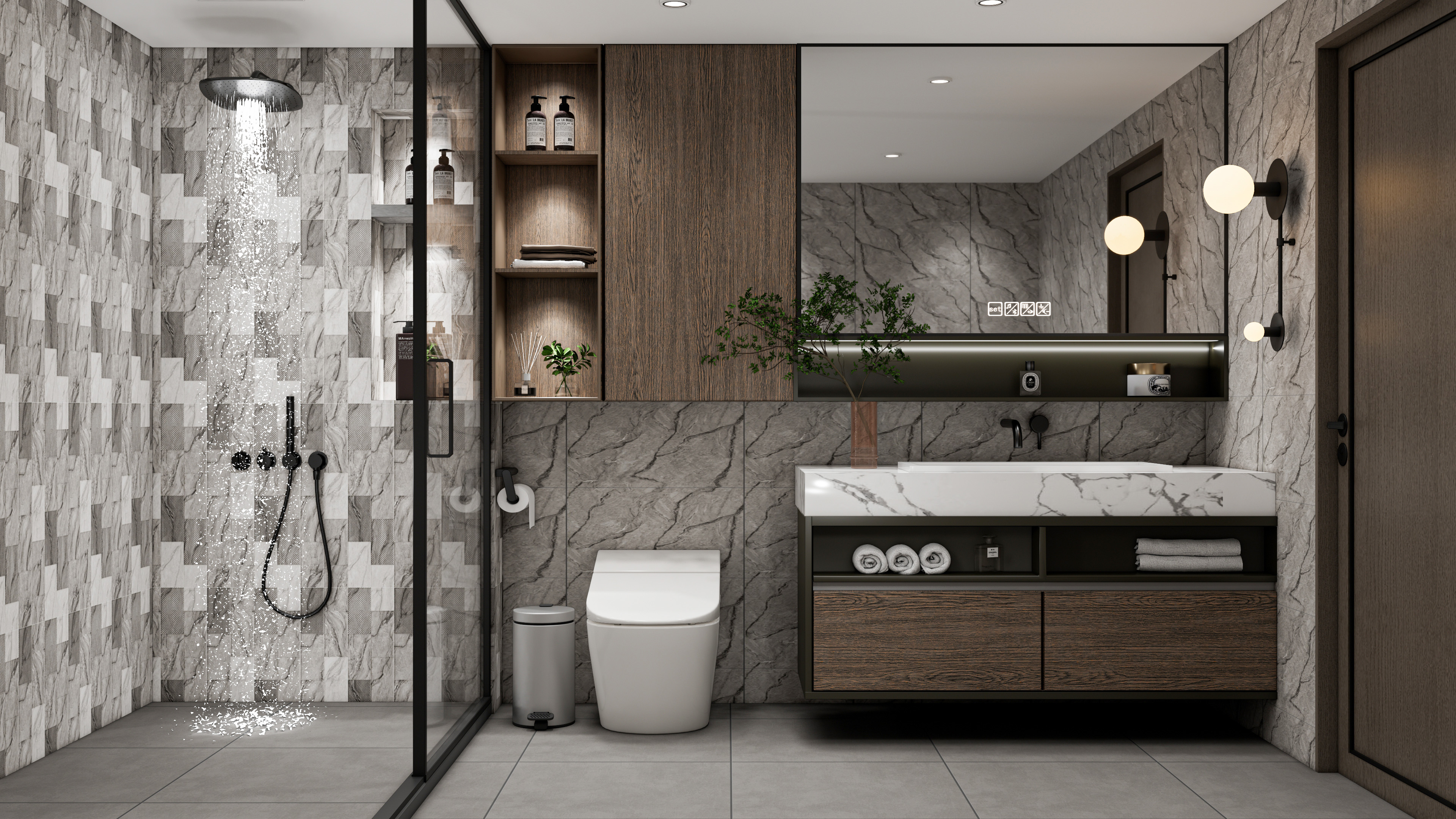 Modern Bathroom with Textured Grey Tiles and Wooden Accents | Material Depot