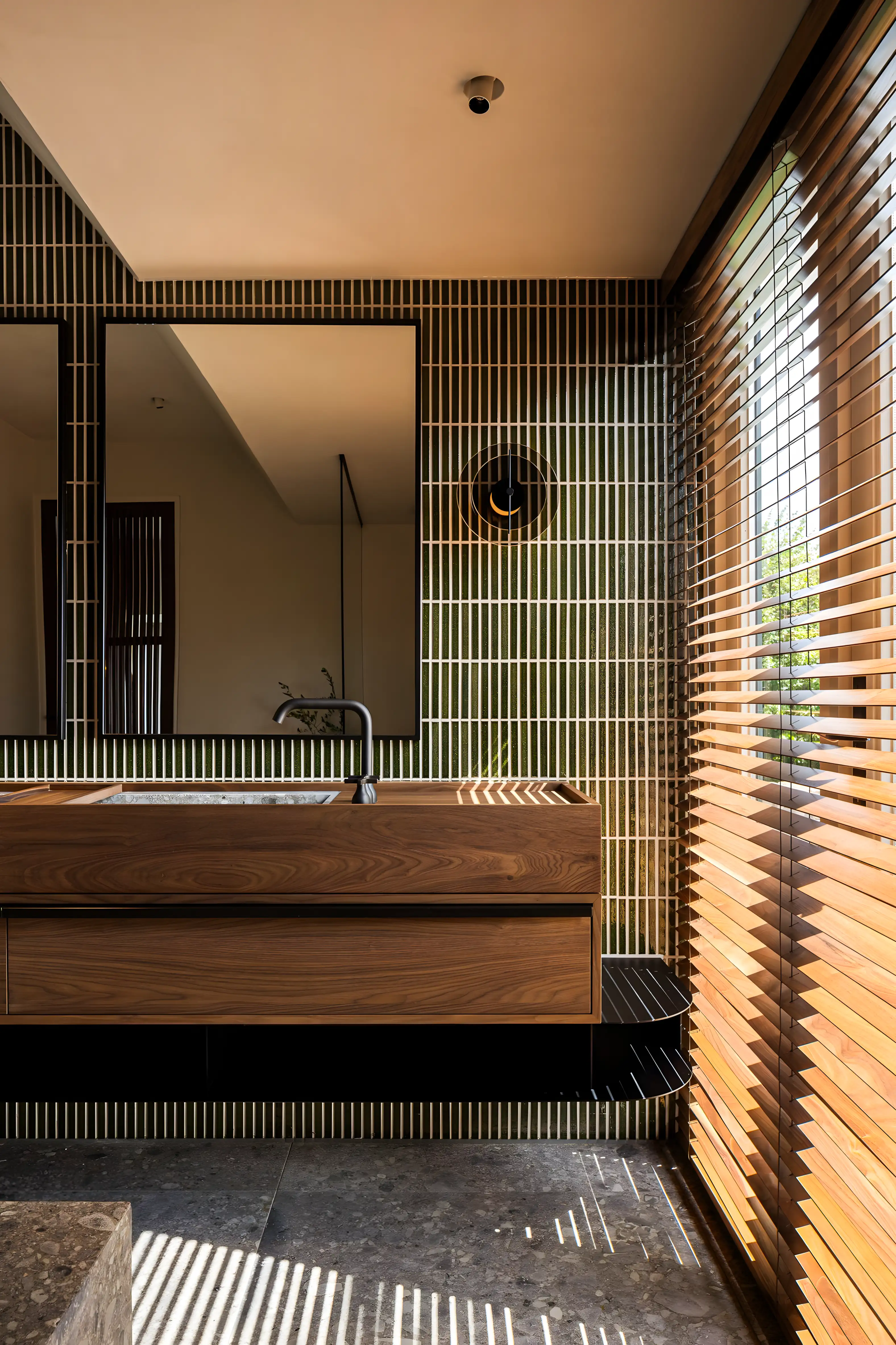 Modern Bathroom with Vertical Tile Design and Wooden Accents | Material Depot