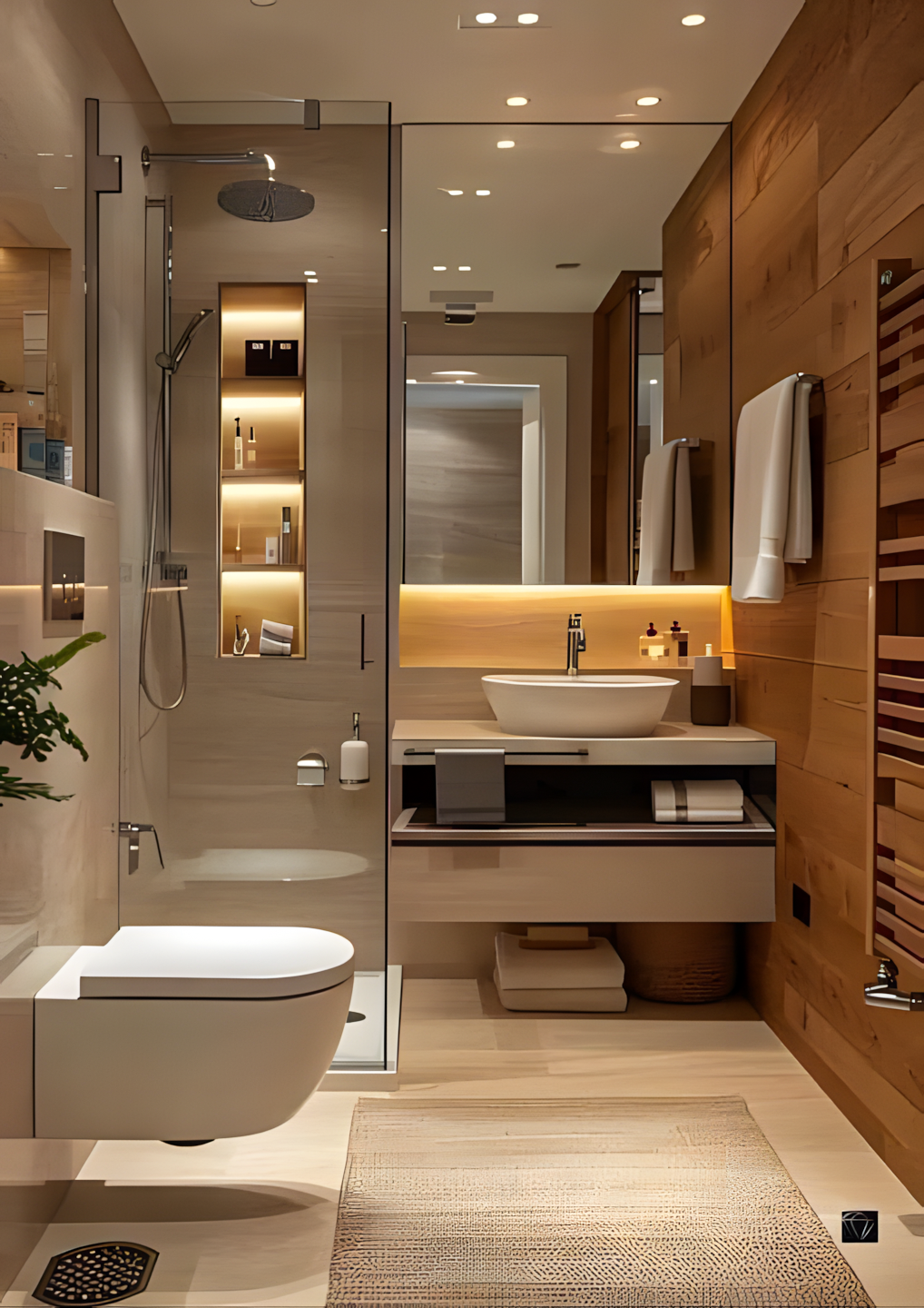 Modern Bathroom with Warm Wood Tones and Glass Shower | Material Depot