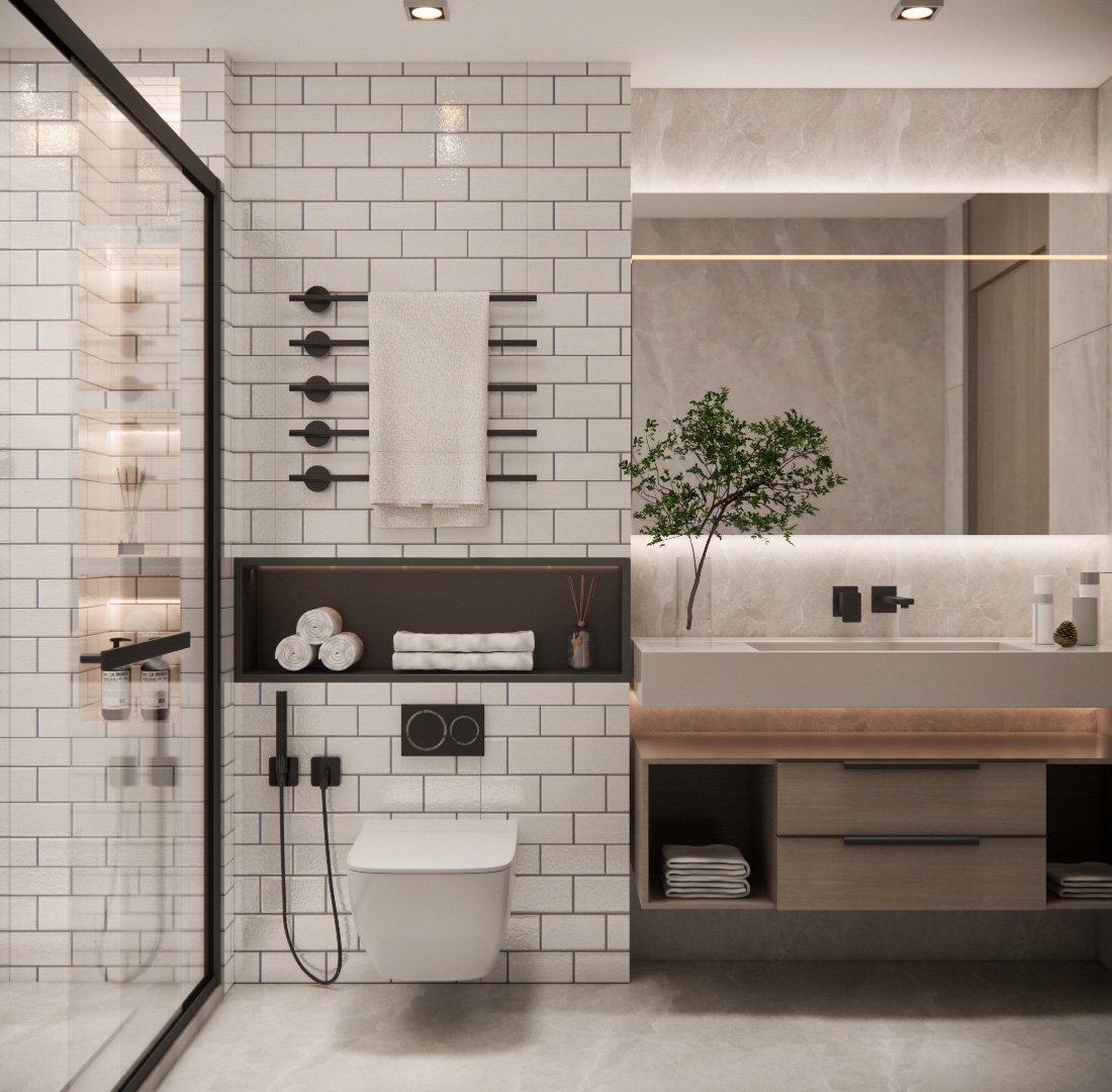 Modern Bathroom with White Subway Tiles and Black Fixtures | Material Depot