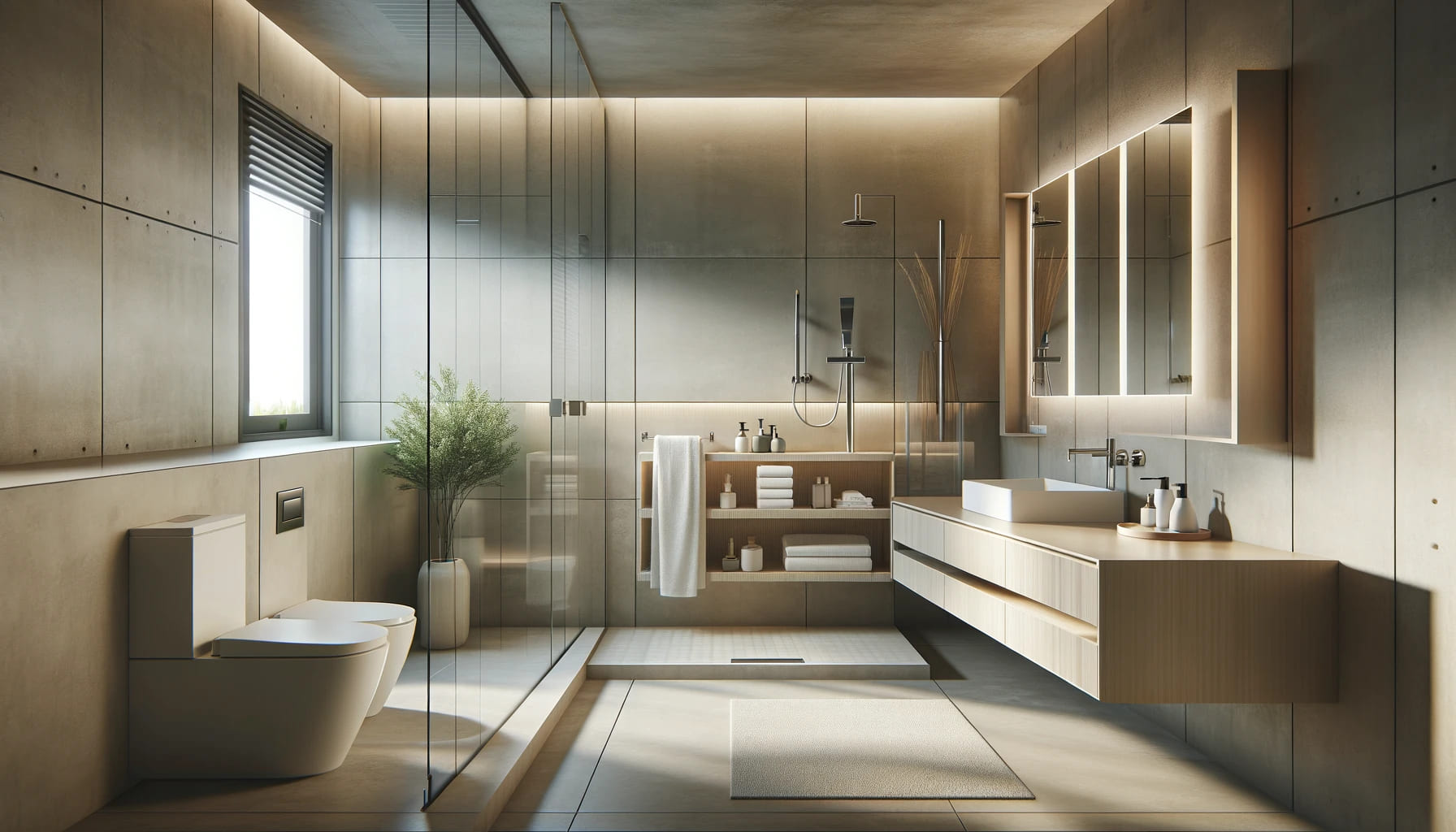 Modern Bathroom with Wooden Accents and Reflective Surfaces | Material Depot