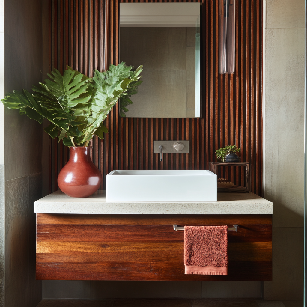 Modern Bathroom with Wooden Panel Accent and Minimalist Vanity | Material Depot