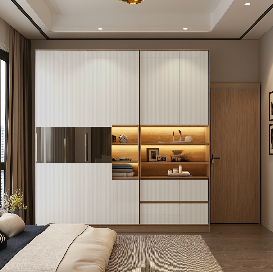 Modern Bedroom Wardrobe with Fluted Acrylic and Warm Wooden Accents | Material Depot