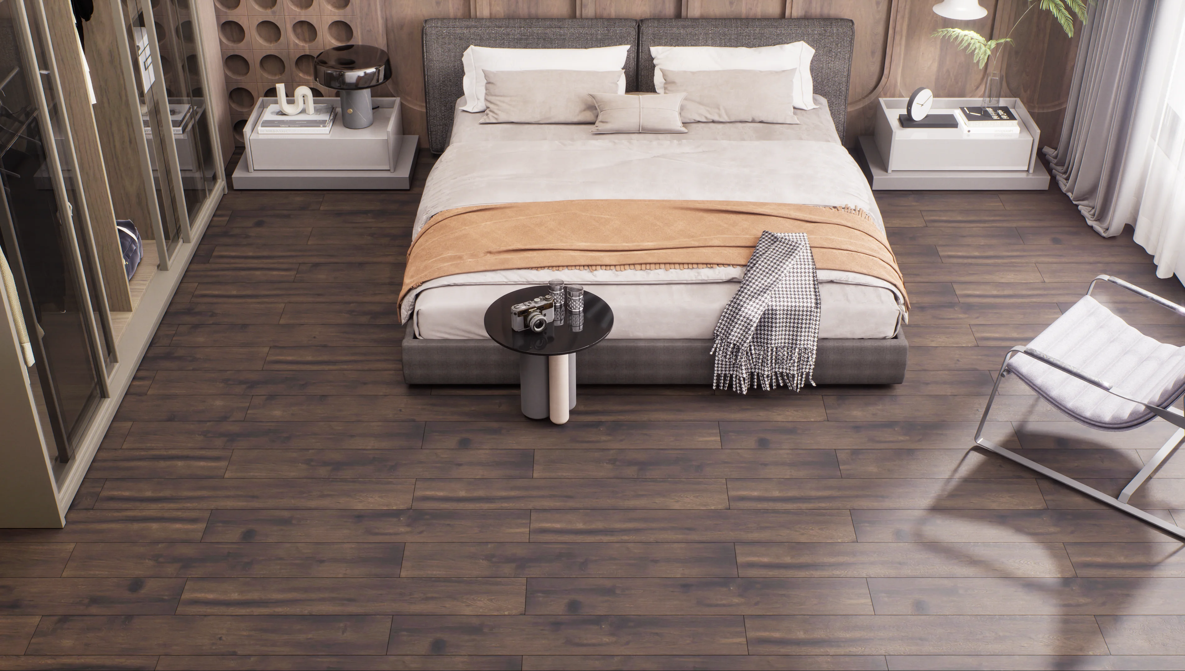 Modern Bedroom with Dark Wood Flooring and Cozy Ambiance | Material Depot