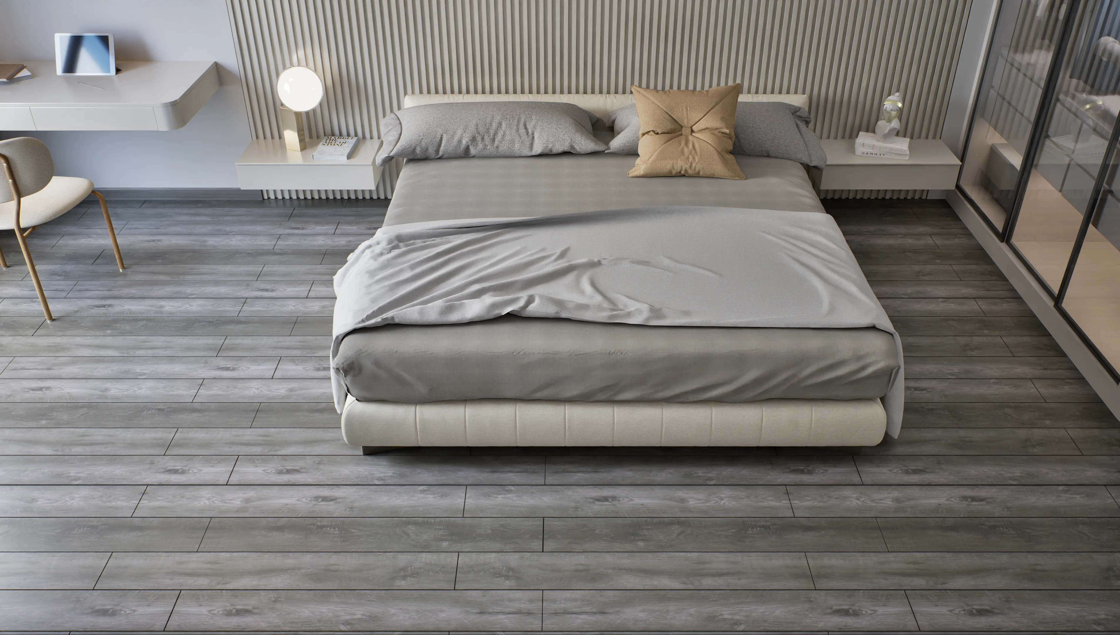 Modern Bedroom with Grey Wood Flooring and Minimalist Decor | Material Depot