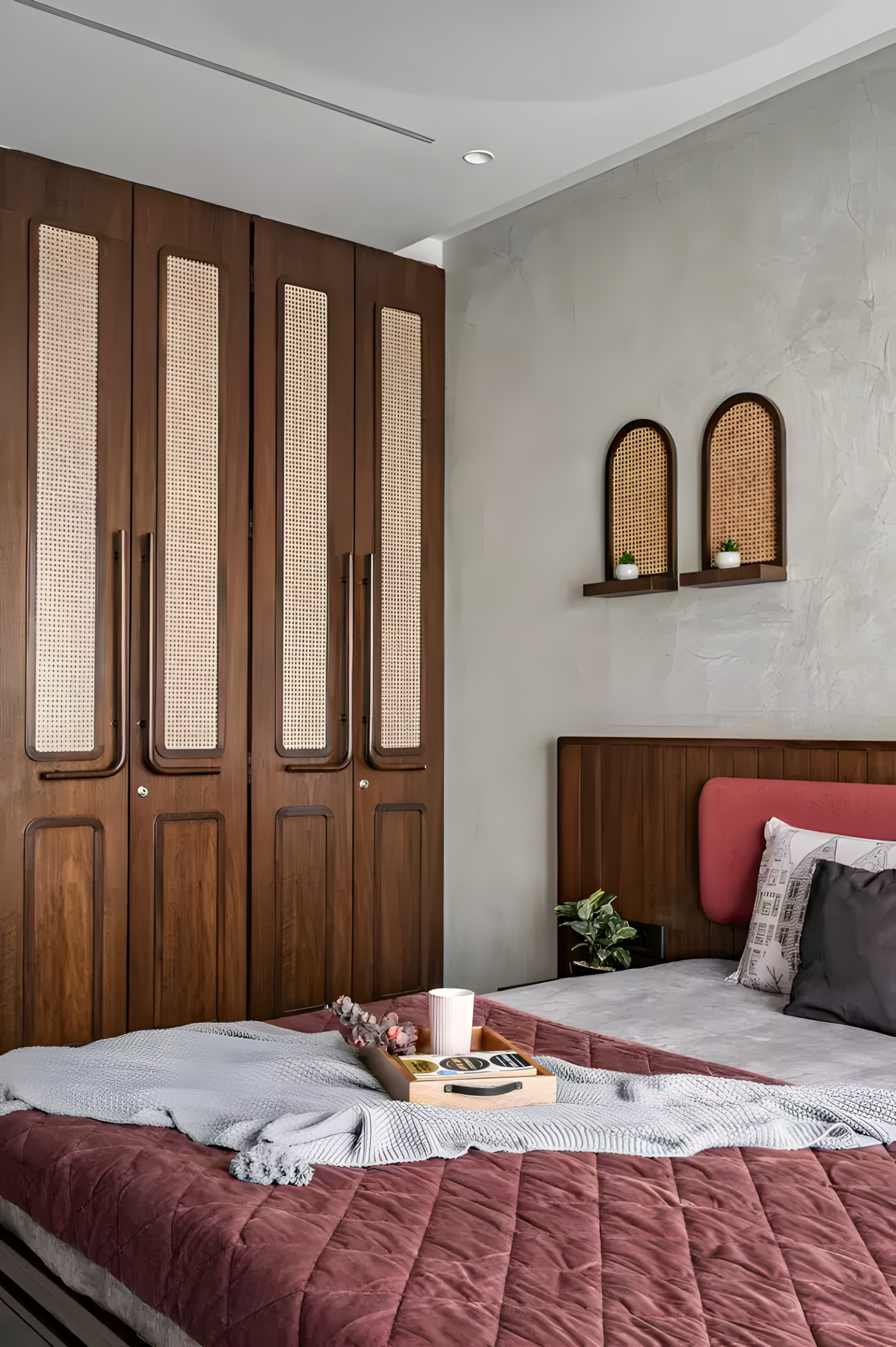 Modern Bedroom with Rattan-Paneled Wardrobe | Material Depot