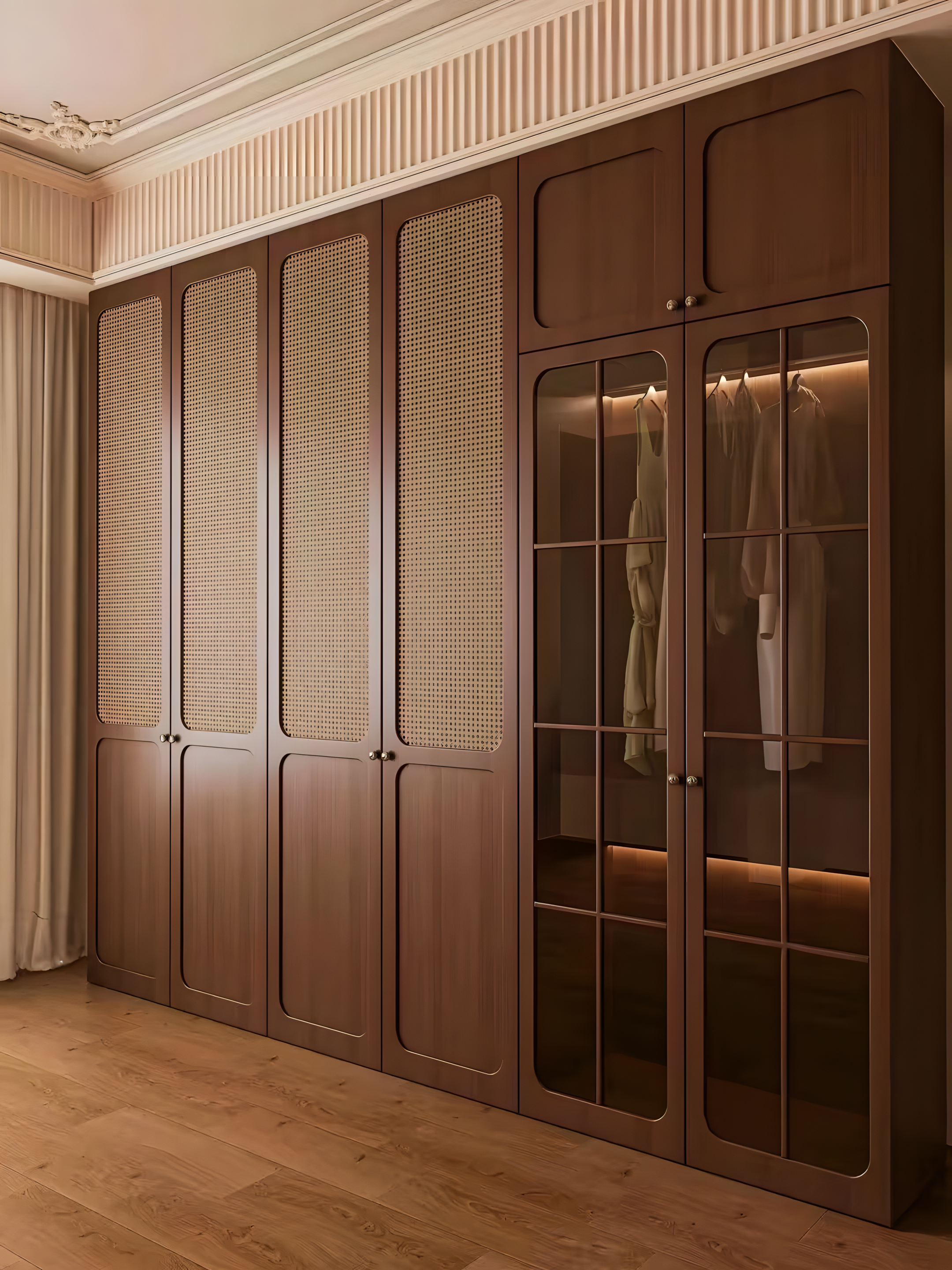 Modern Bedroom with Rattan-Paneled Wardrobe and Glass Doors | Material Depot