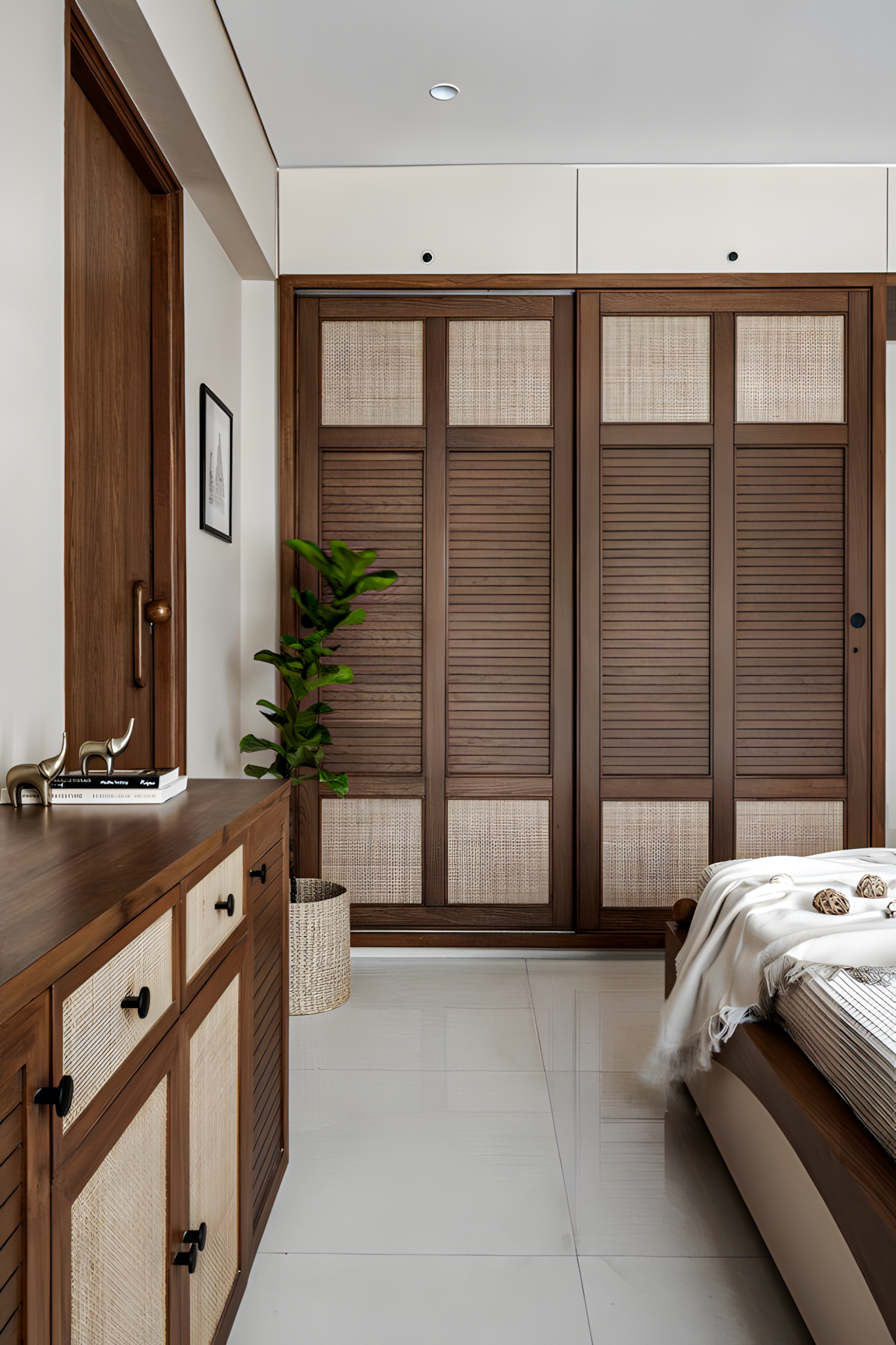 Modern Bedroom with Sliding Slatted Wardrobe and Rattan Accents | Material Depot