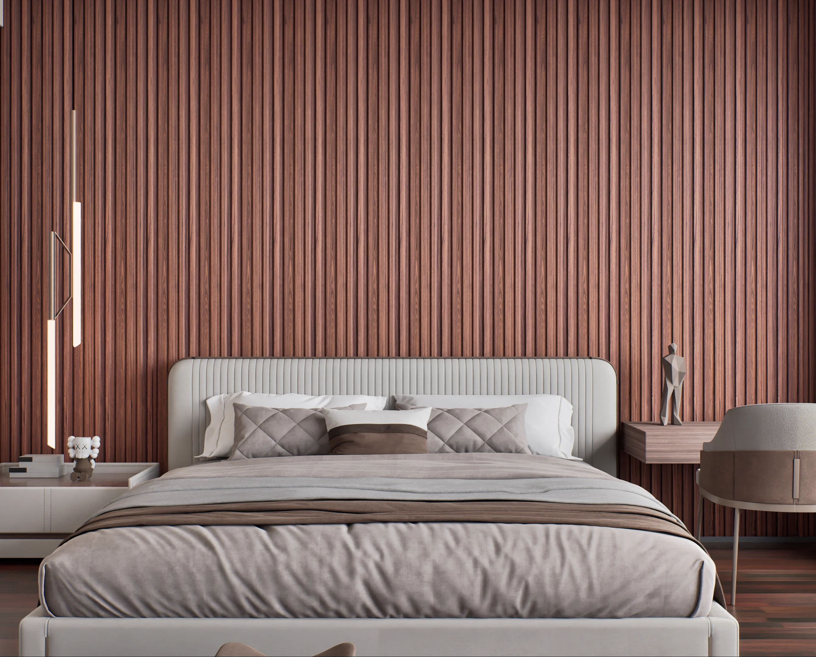 Modern Bedroom with Vertical Wood Paneling and Minimalist Decor | Material Depot