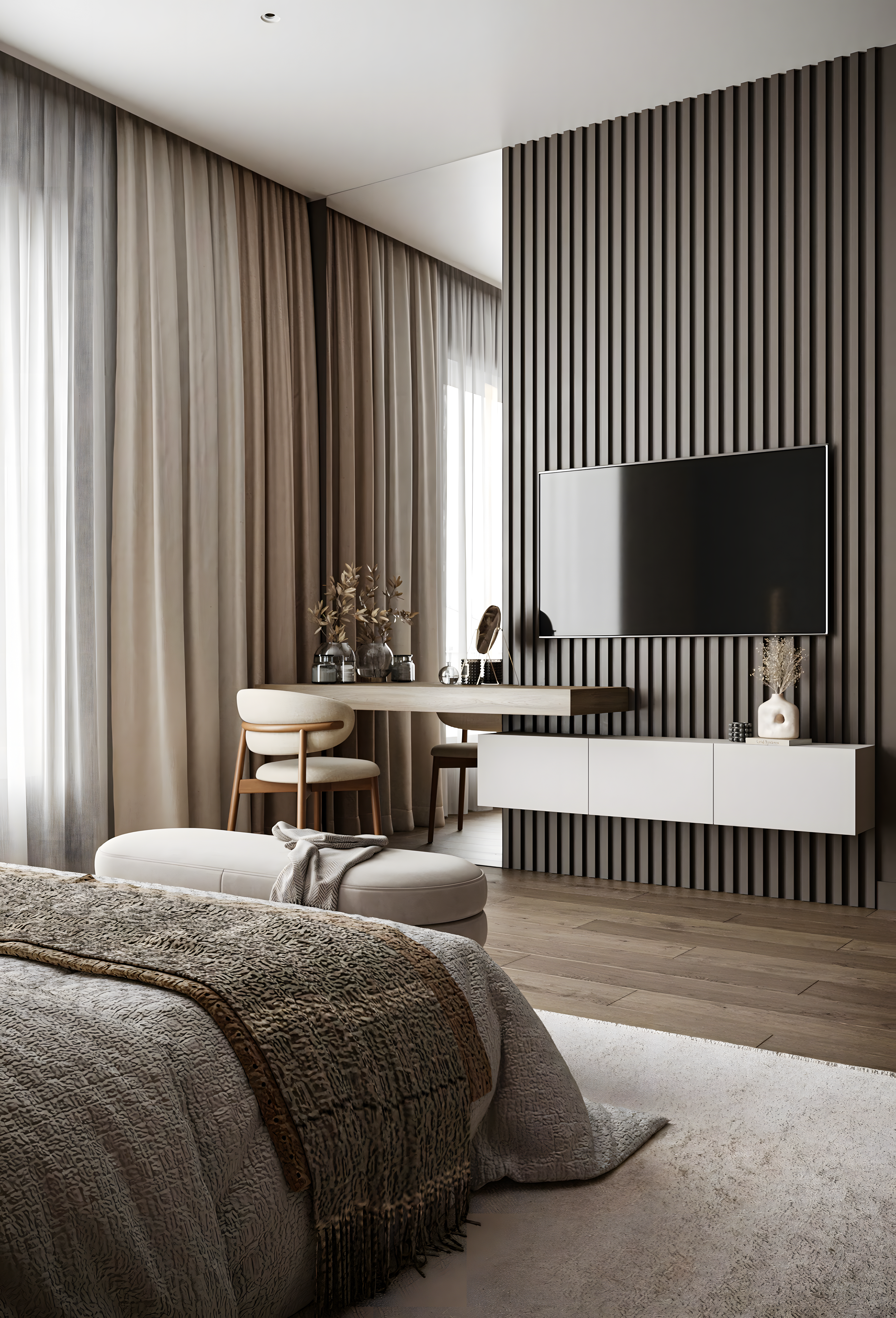 Modern Bedroom with Wood-Paneled Accent Wall and Minimalist Decor | Material Depot