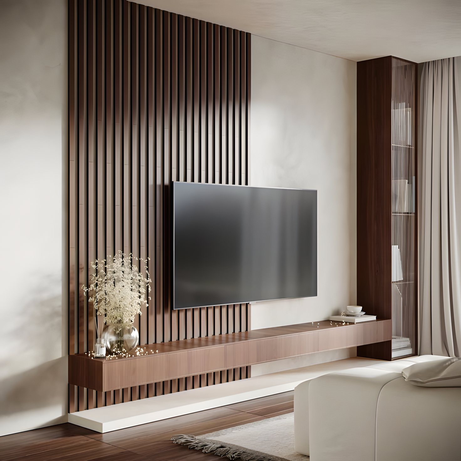 Modern Bedroom with Wood-Paneled Accent Wall and Sleek TV Console | Material Depot