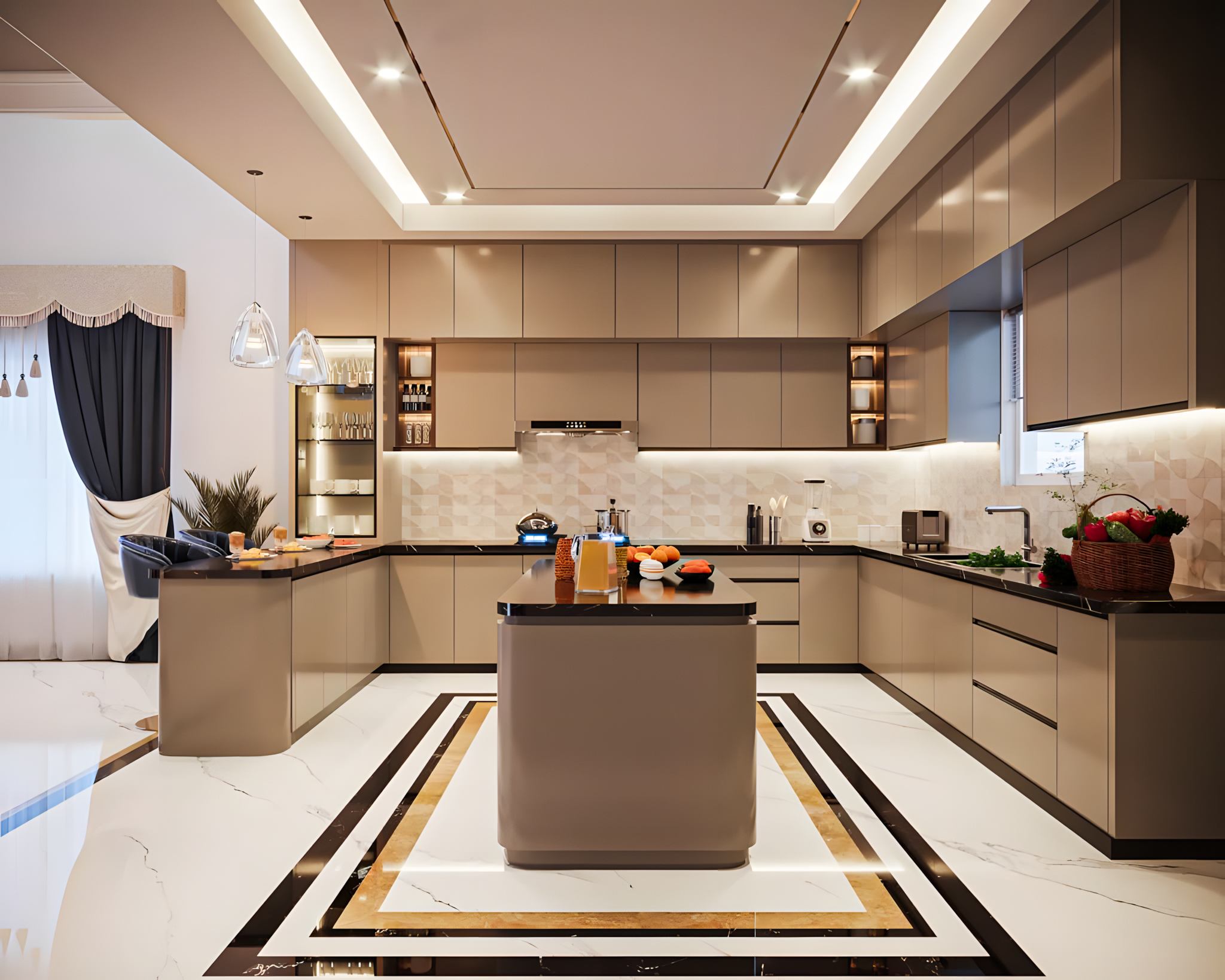 Modern Beige And Black Kitchen With Marble Flooring | Material Depot