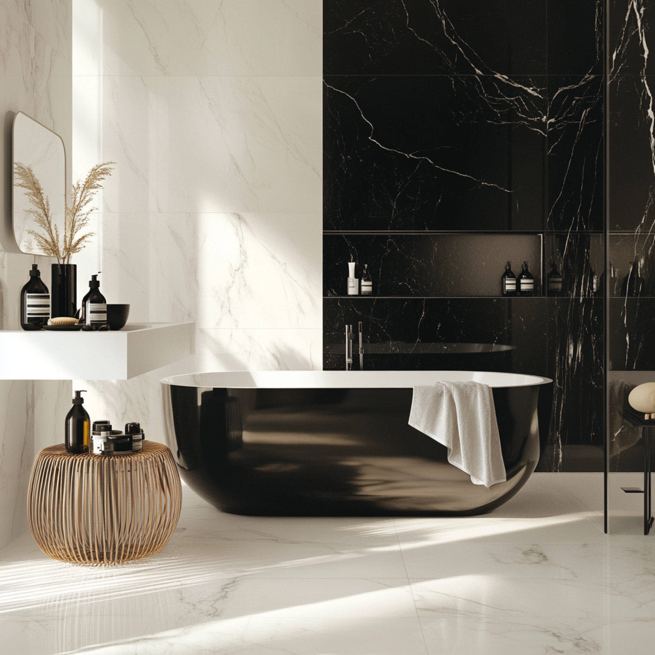 Modern Black and White Marble Bathroom with Freestanding Bathtub | Material Depot