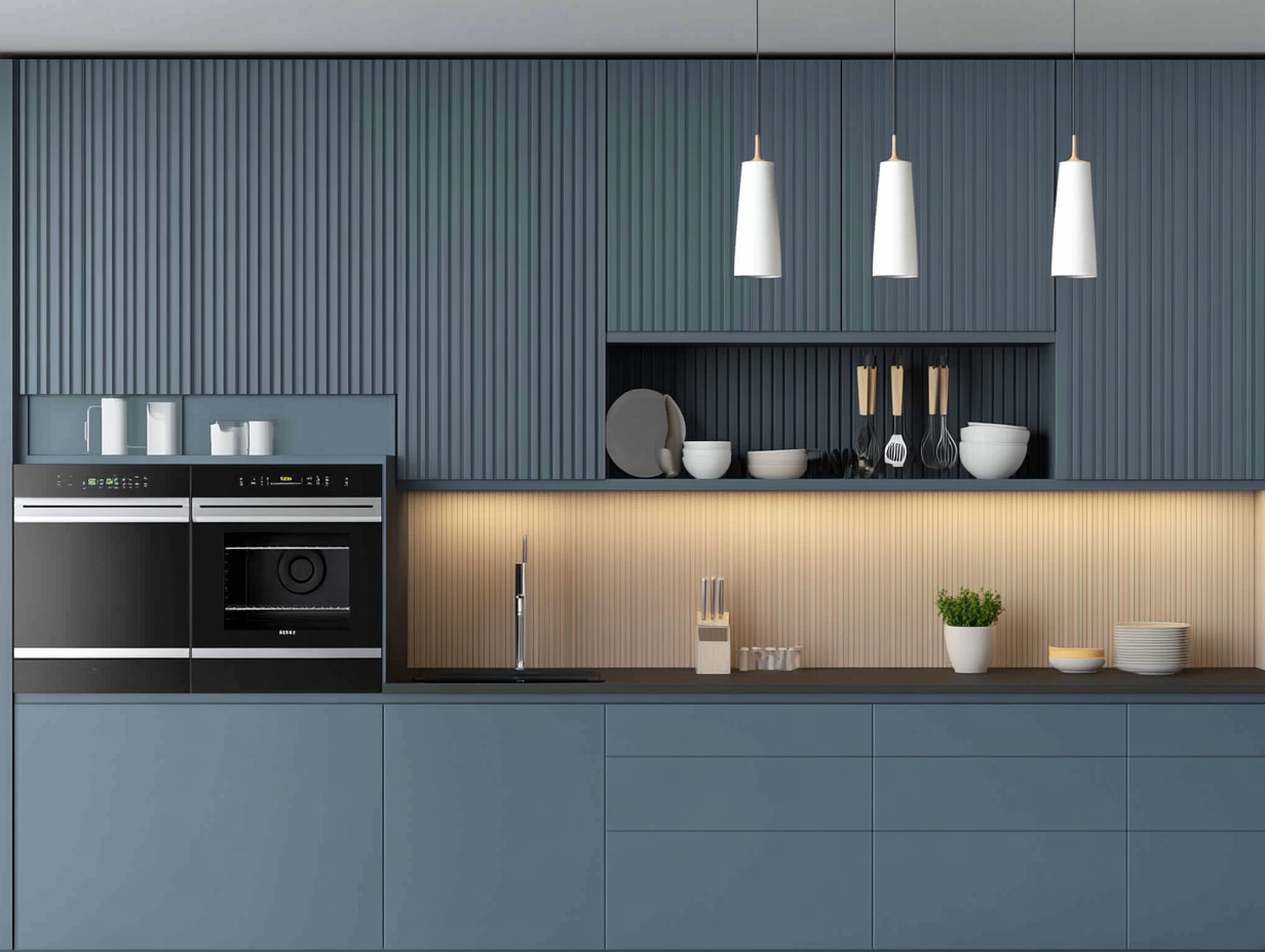 Modern Blue and Wood Kitchen Design with Elegant Lighting | Material Depot