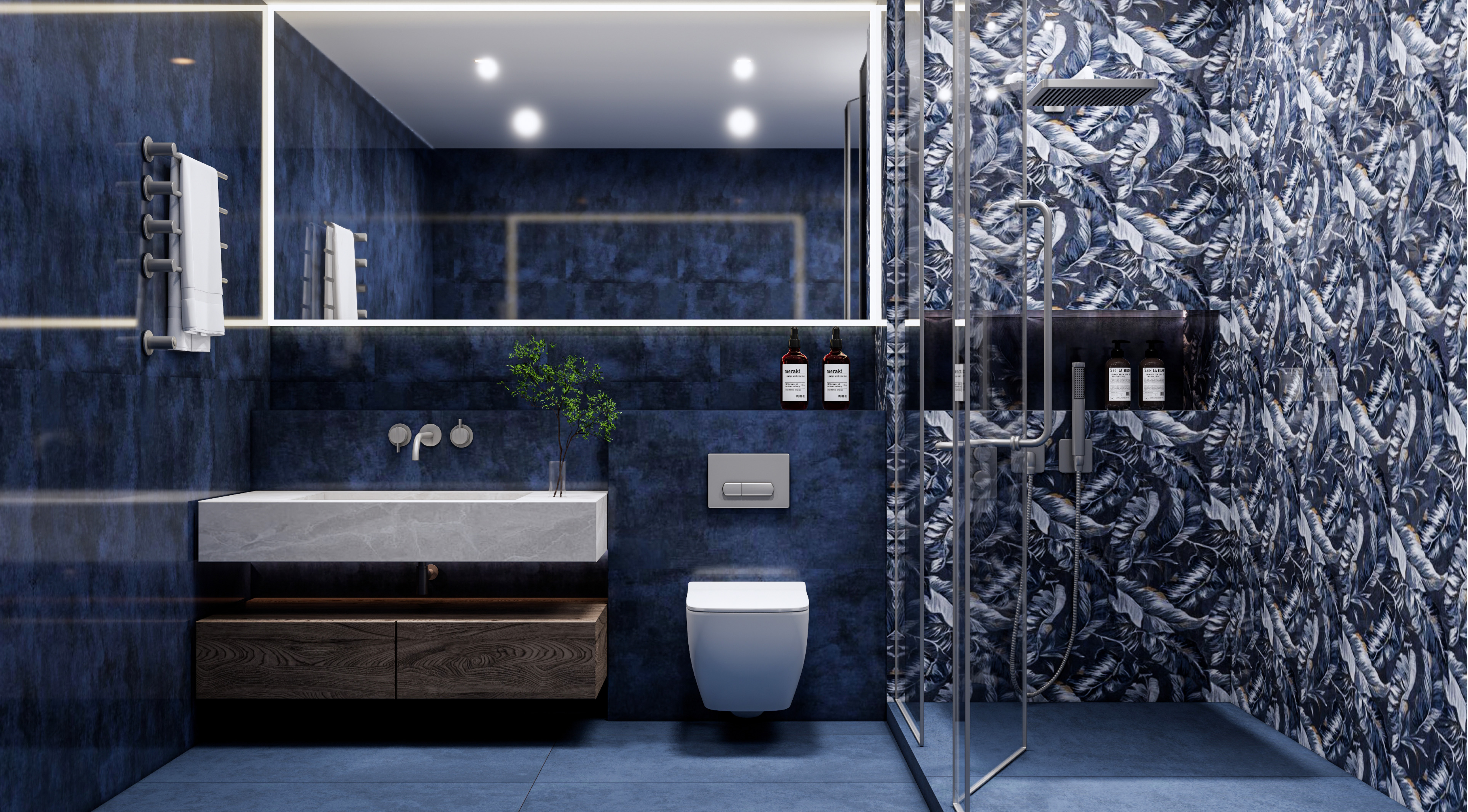 Modern Blue Bathroom with Textured Feather Design Tiles | Material Depot