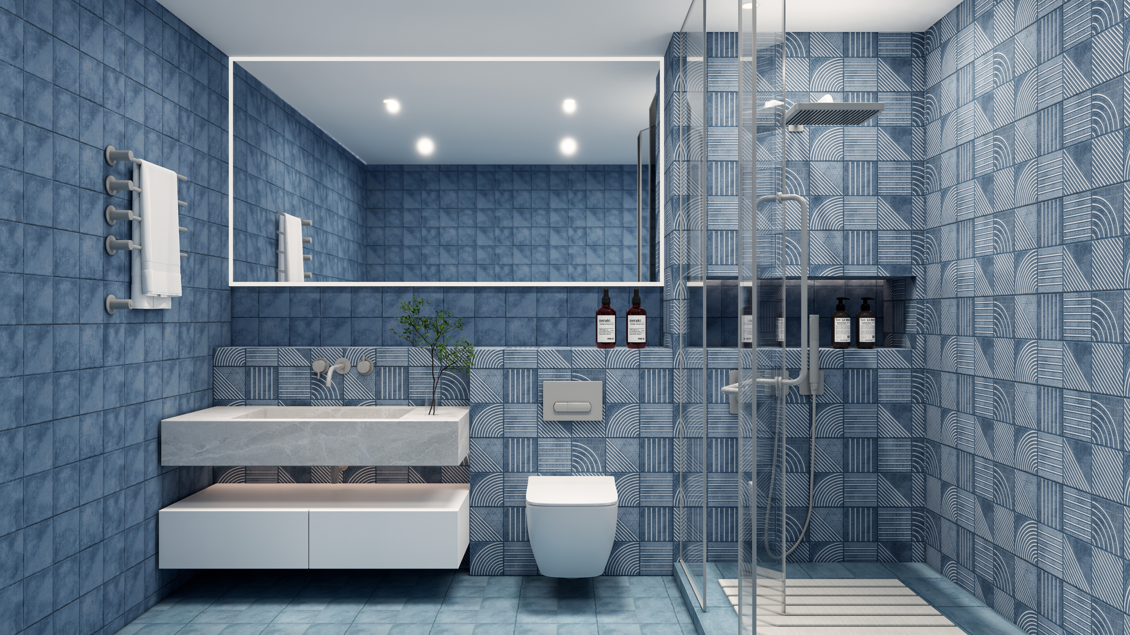 Modern Blue Geometric Bathroom with Vibrant Tiles | Material Depot