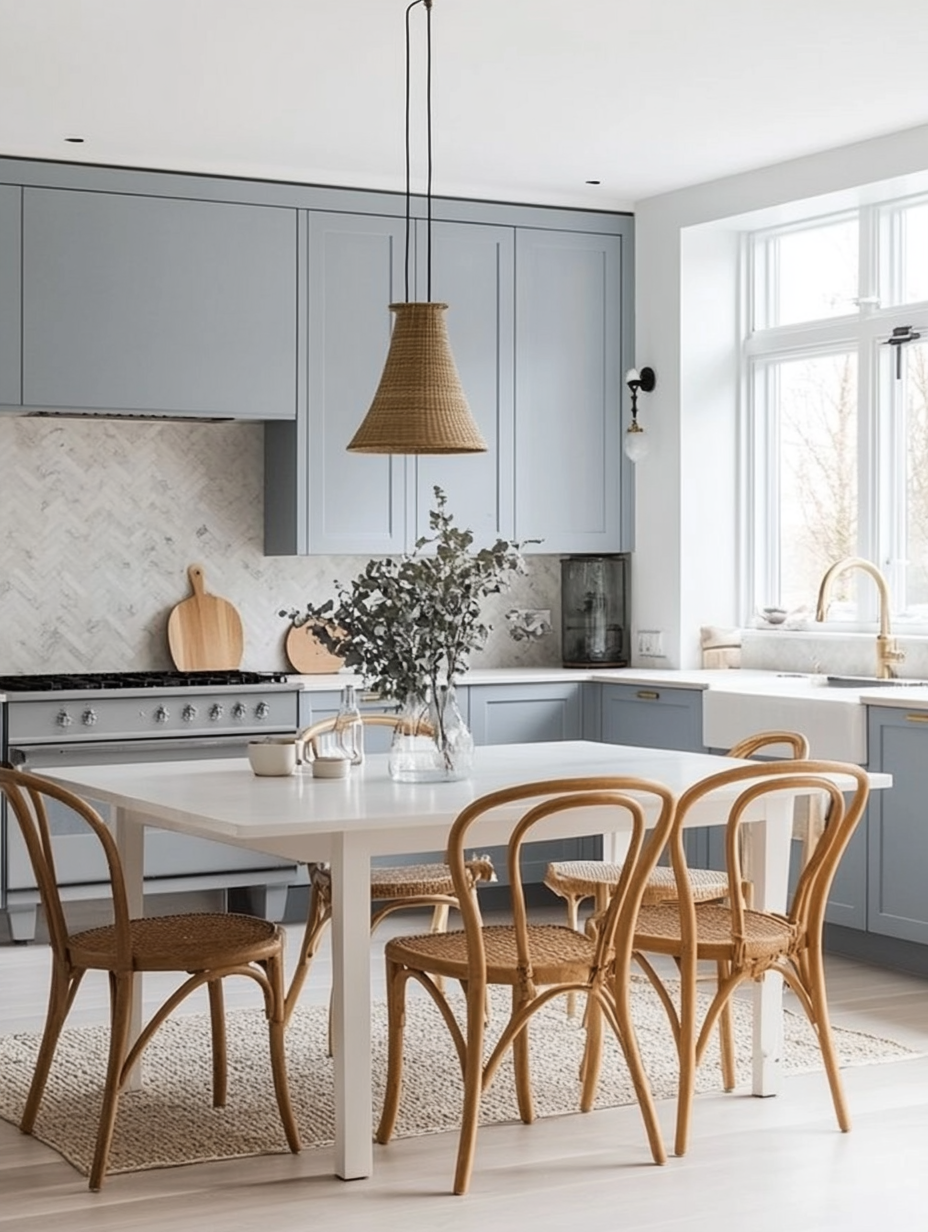 Modern Blue Kitchen with Rattan Chairs and Minimalist Decor for a Cozy Dining Experience | Material Depot