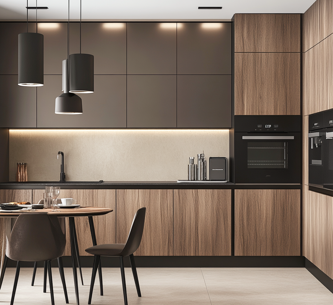 Modern Brown Kitchen with Wood and Matte Finish Cabinets | Material Depot