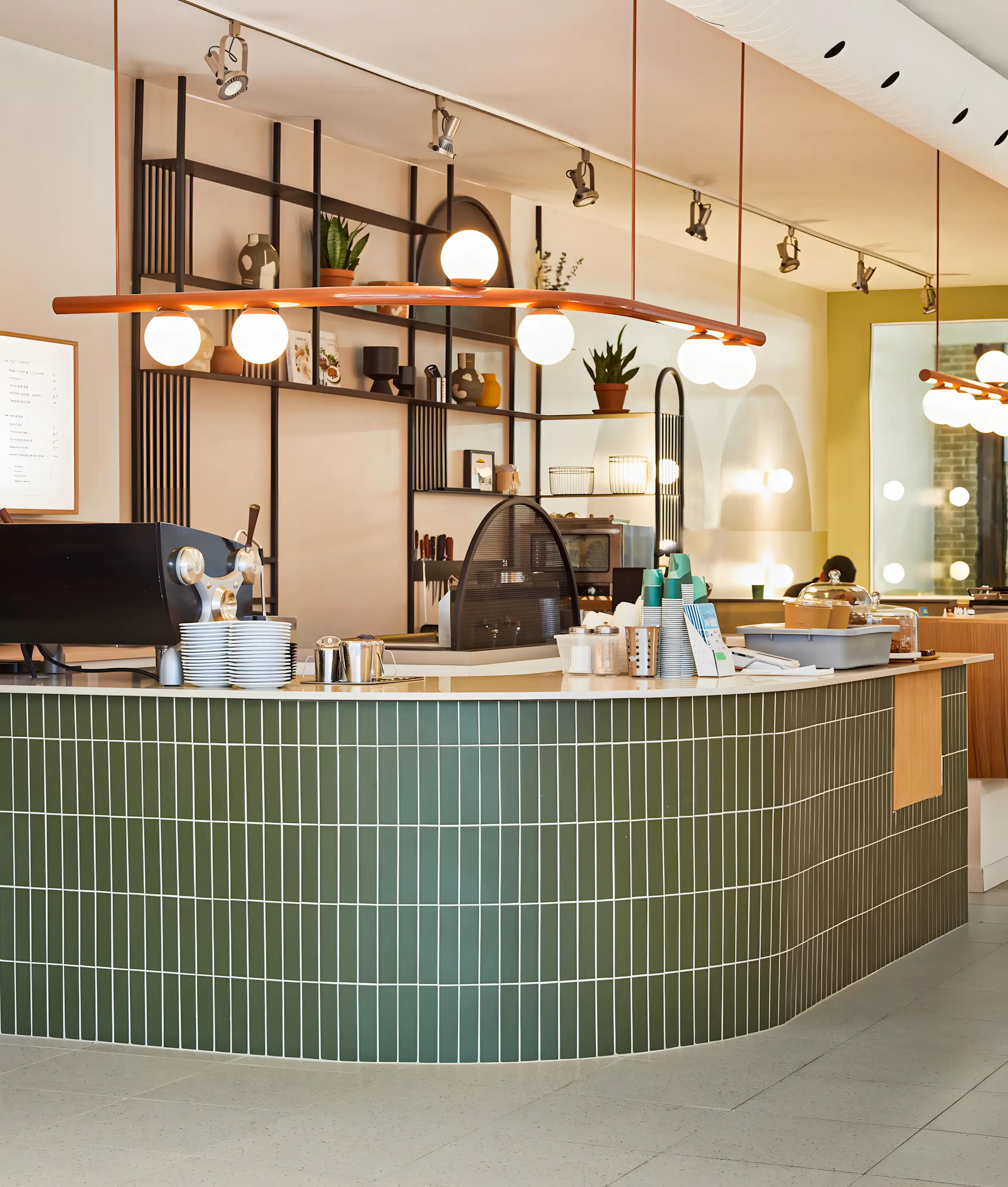 Modern Café Elegance: Stylish Curved Tile Bar | Material Depot