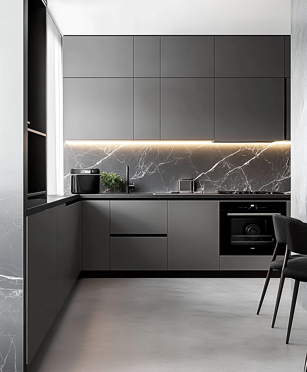 Modern Charcoal Kitchen with Elegant Marble Lighting | Material Depot