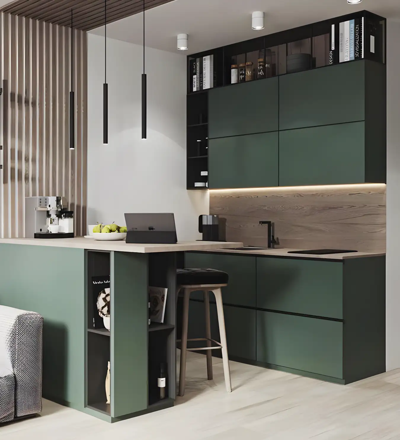 Modern Compact Kitchen with Dark Green Cabinets and Breakfast Bar | Material Depot