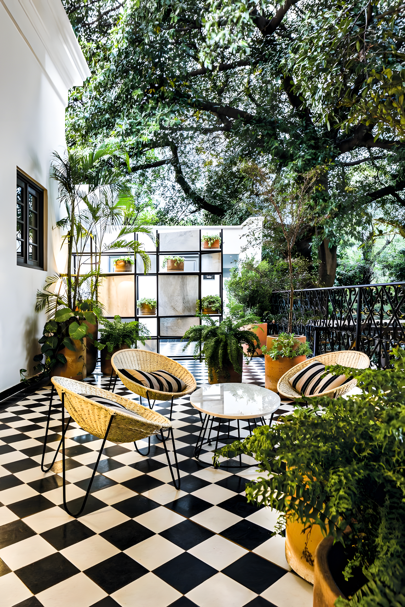 Modern Courtyard with Black and White Checkerboard Tiles | Material Depot