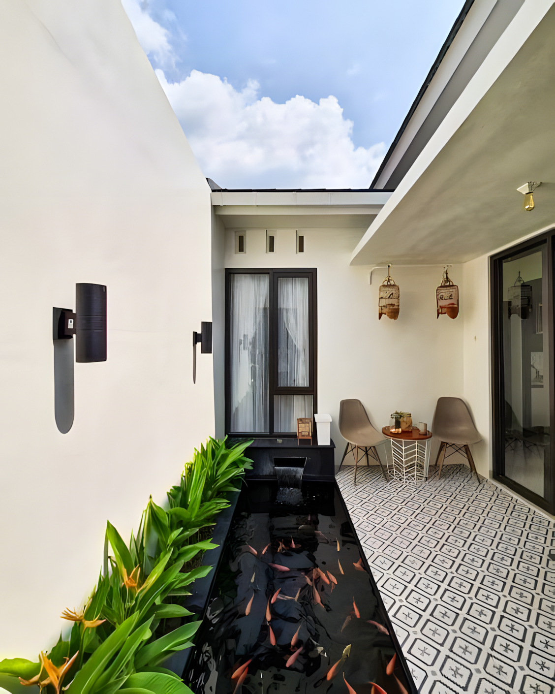 Modern Courtyard with Koi Pond and Patterned Tiles | Material Depot