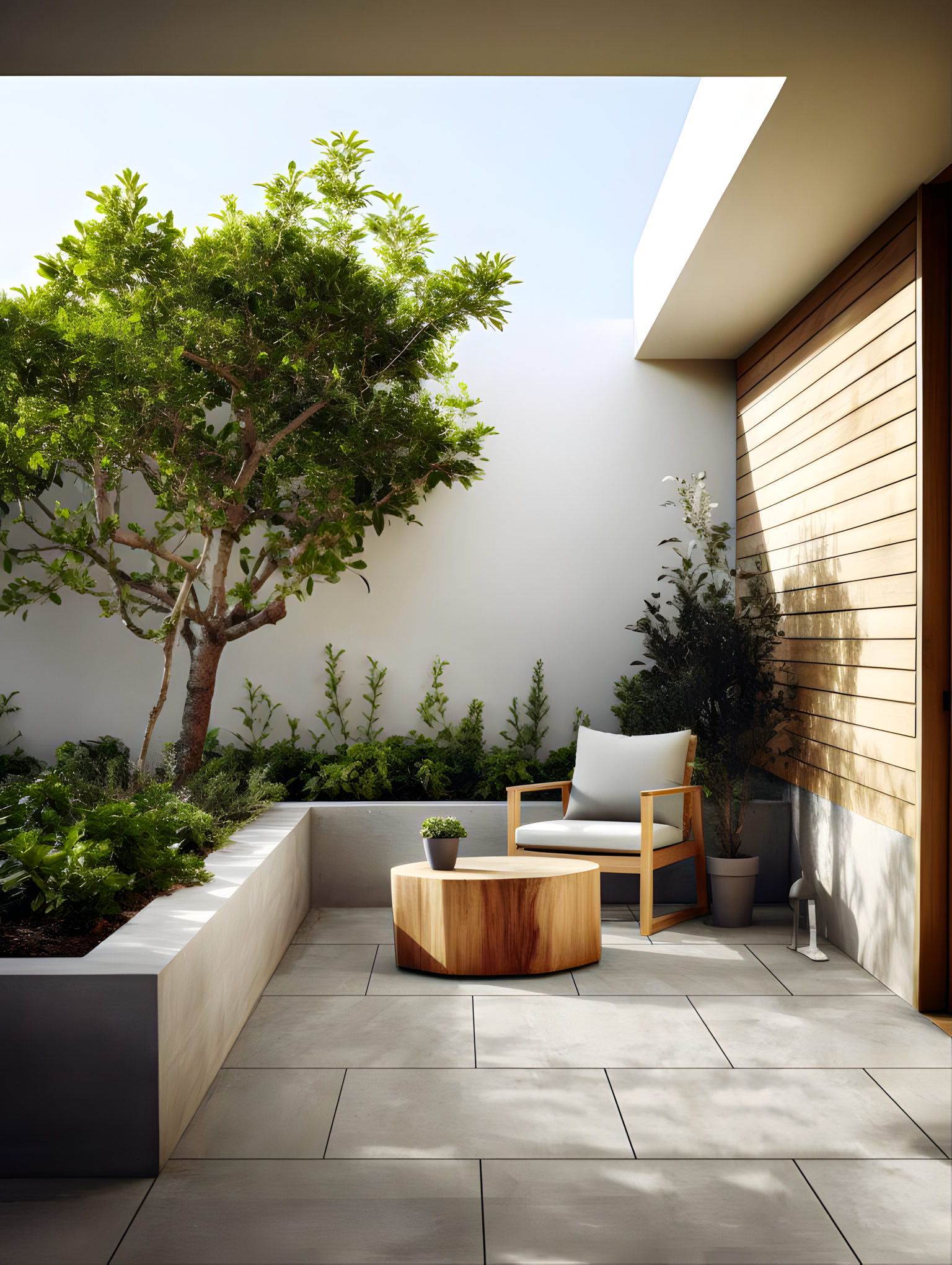 Modern Courtyard with Stone Tiles and Wooden Accents | Material Depot