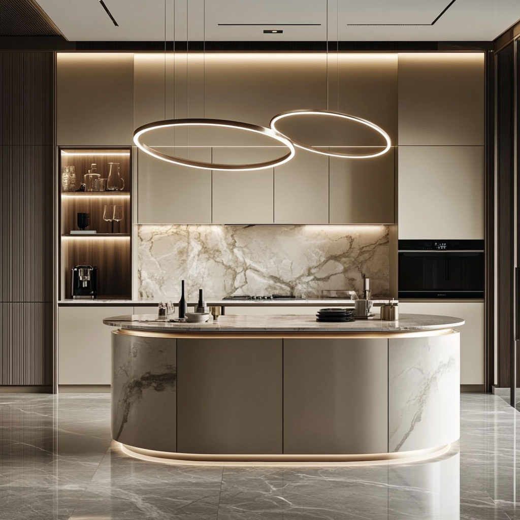 Modern Curves: Contemporary Kitchen with Circular Marble Island and Ambient Lighting | Material Depot