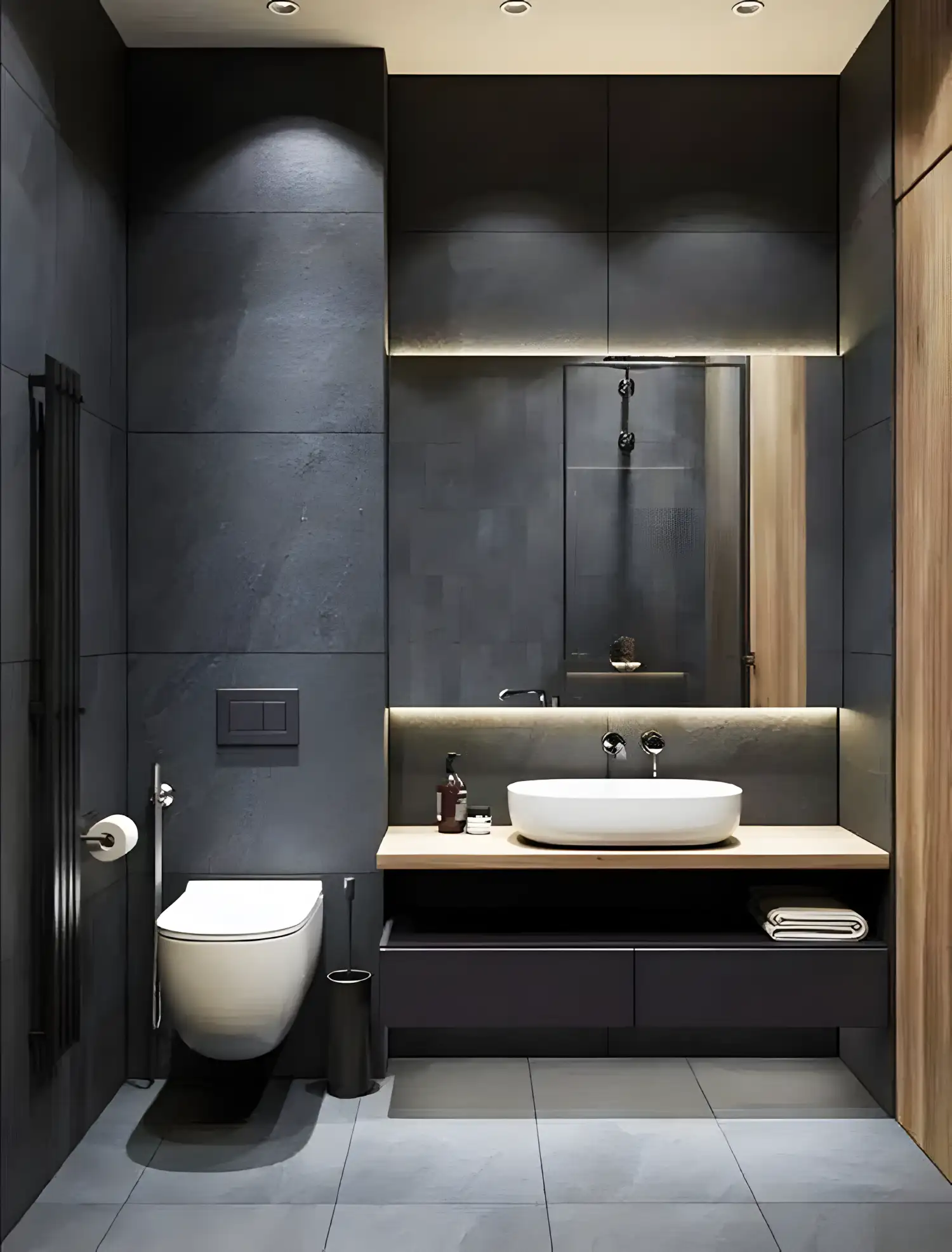 Modern Dark Bathroom With Black Faucet | Material Depot