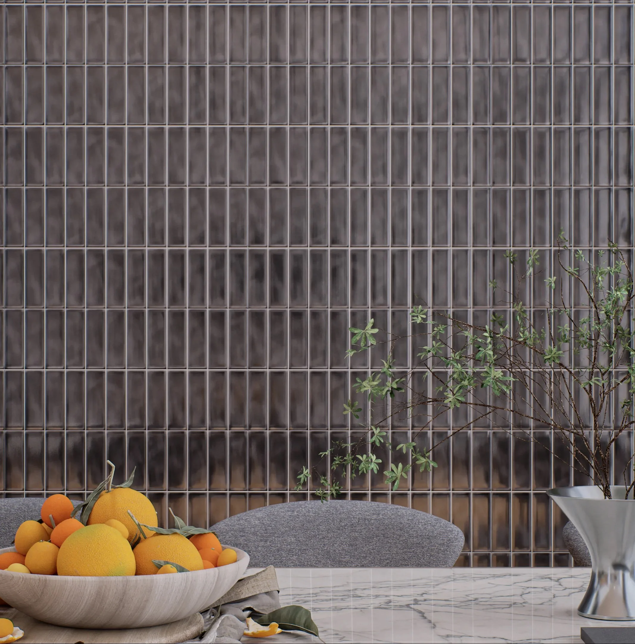 Modern Dining Area with Dark Geometric Tile Backsplash | Material Depot