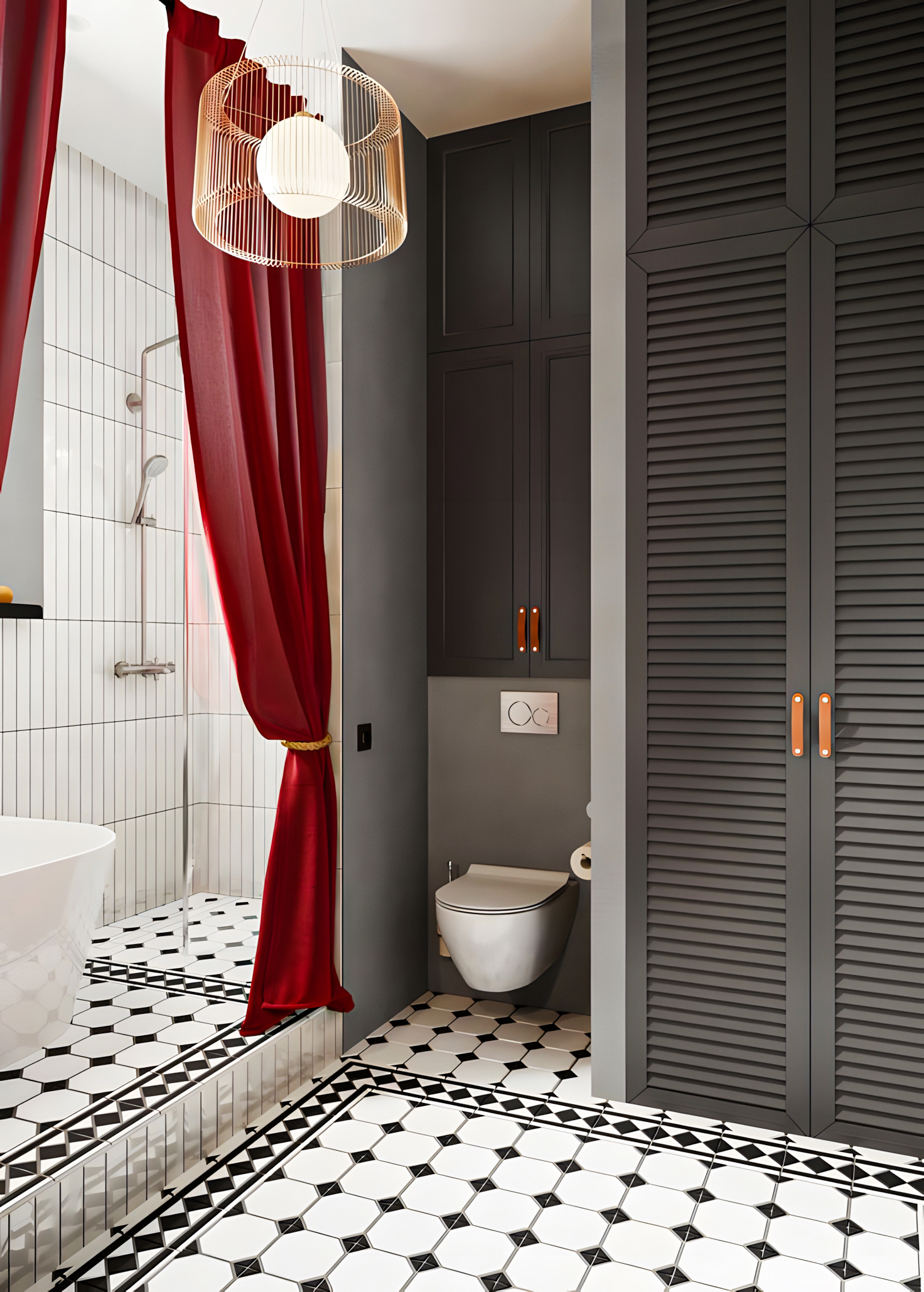 Modern Elegance: Gray and Red Bathroom with Geometric Floor Tiles | Material Depot